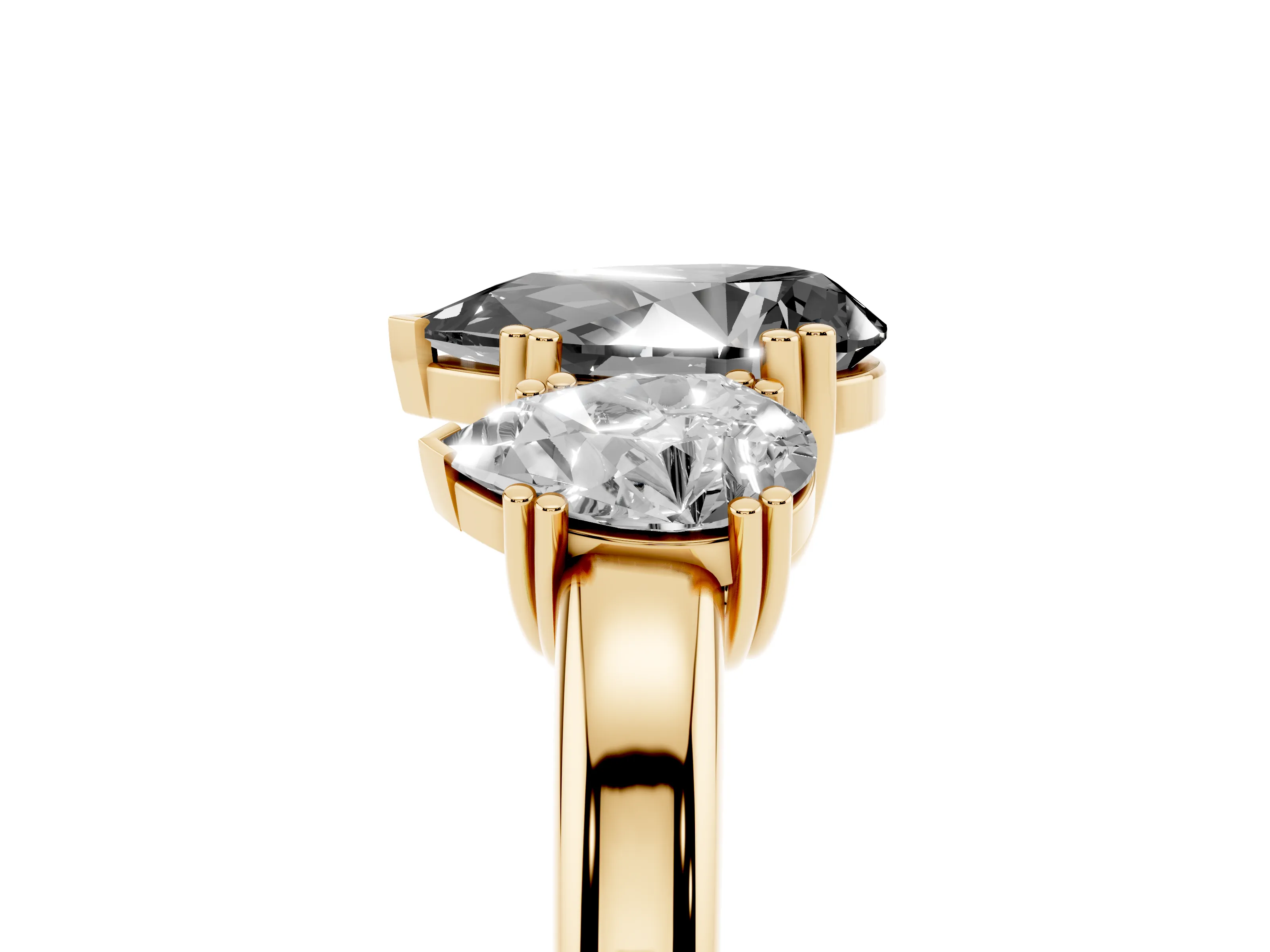Fancy Black Pear Cut Diamond Three-Stone Ring Set in Yellow gold with Polished Channel-Set Band