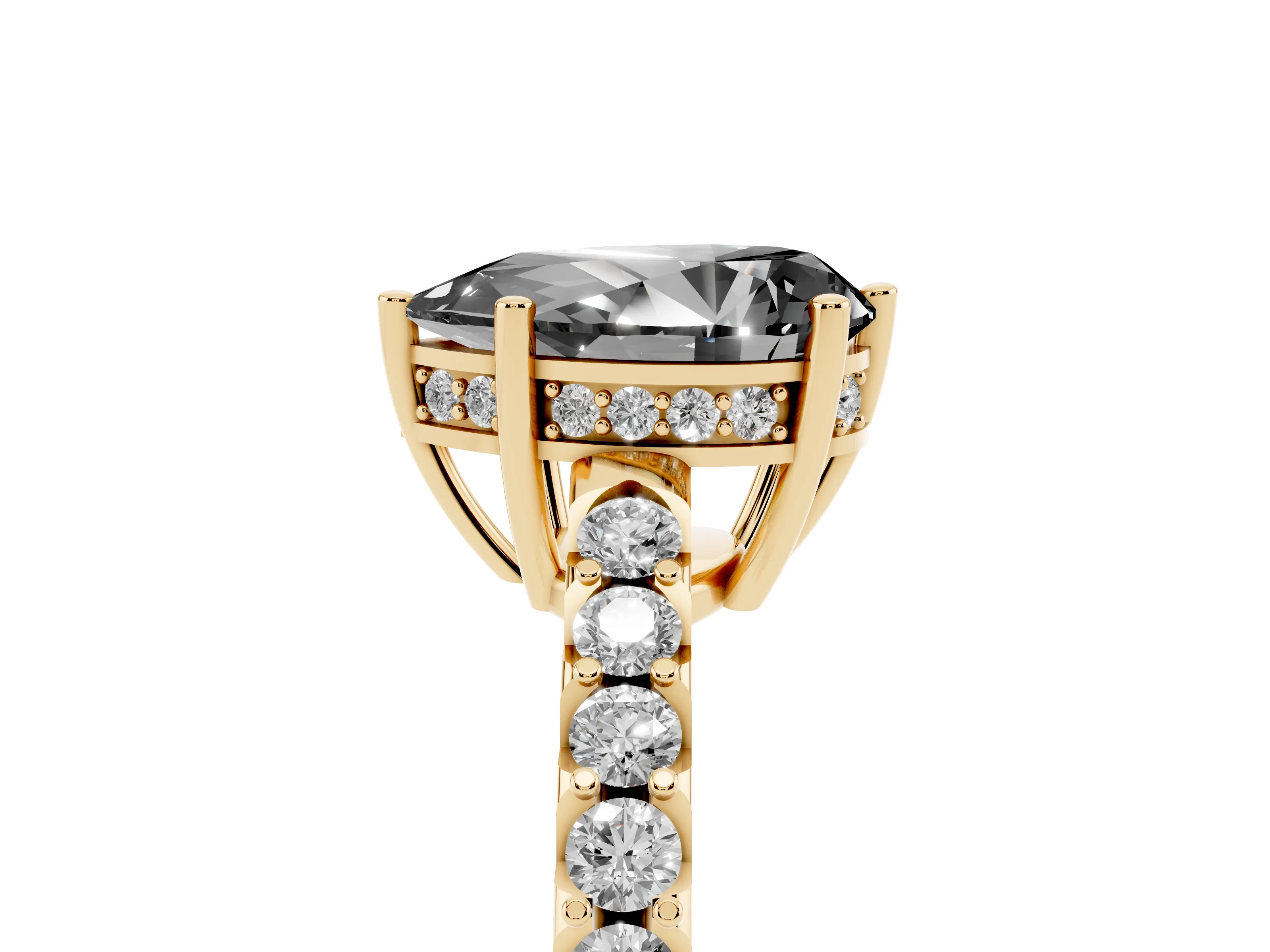 Fancy Black Pear Cut Diamond Solitaire Engagement Ring Set in Yellow gold with Pavé Band and Prong Setting