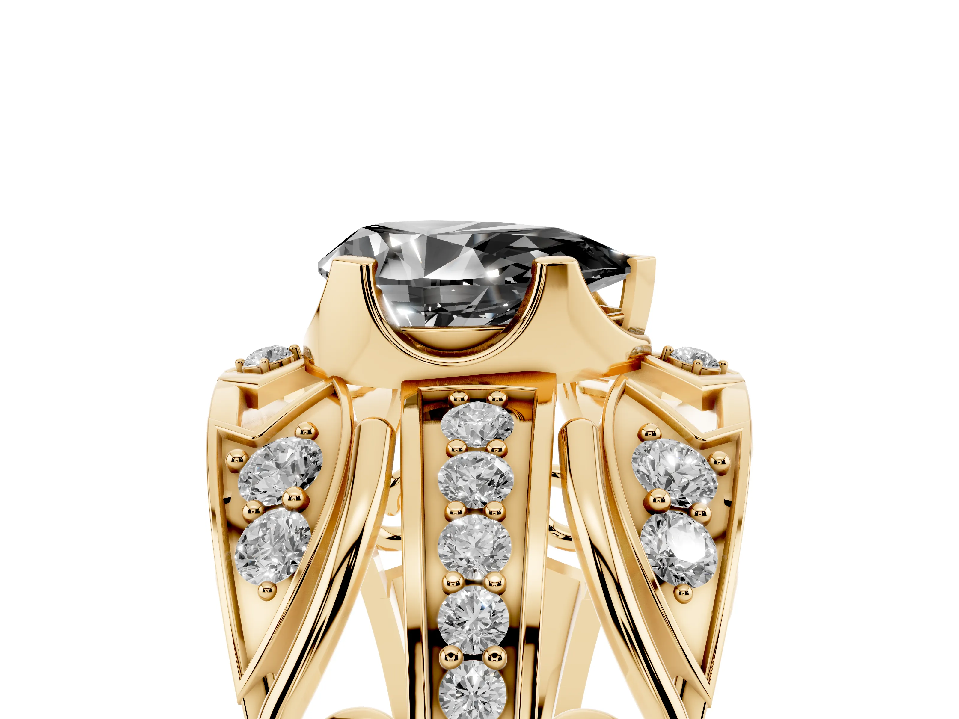 Fancy Black Pear Cut Diamond Art Deco Ring Set in Yellow gold with Pavé Split Shank