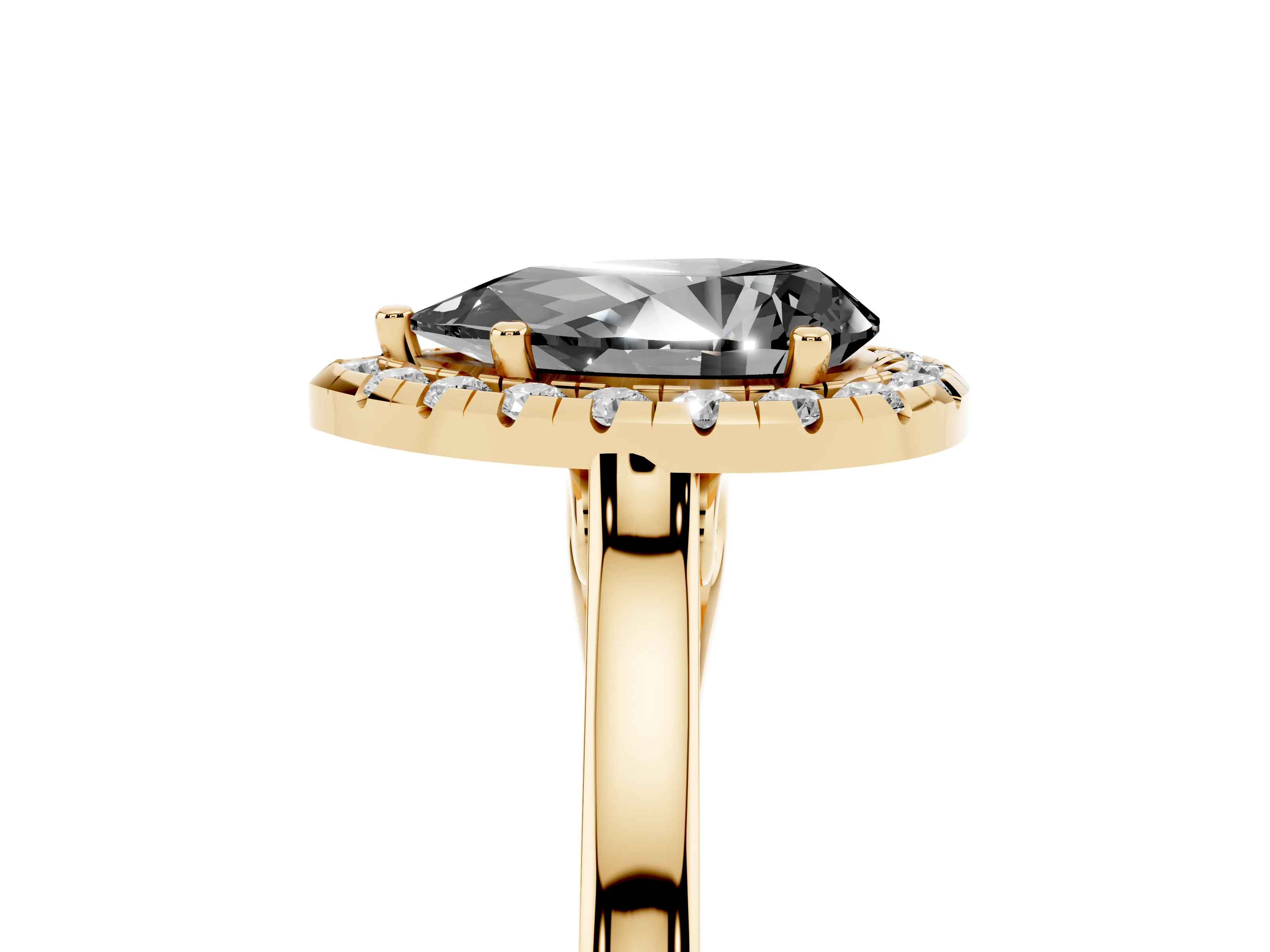 Fancy Black Pear Cut Halo Round Diamond Solitaire Ring Set in Yellow gold with Pavé Band and Prong Setting