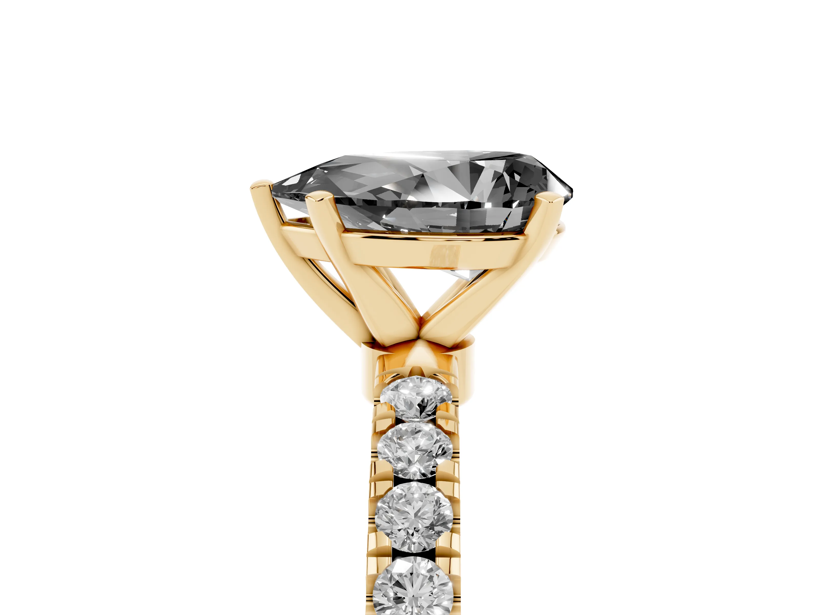Fancy Black Pear Cut Diamond Solitaire Ring Set in Yellow gold with Pavé Accents and Prong Setting