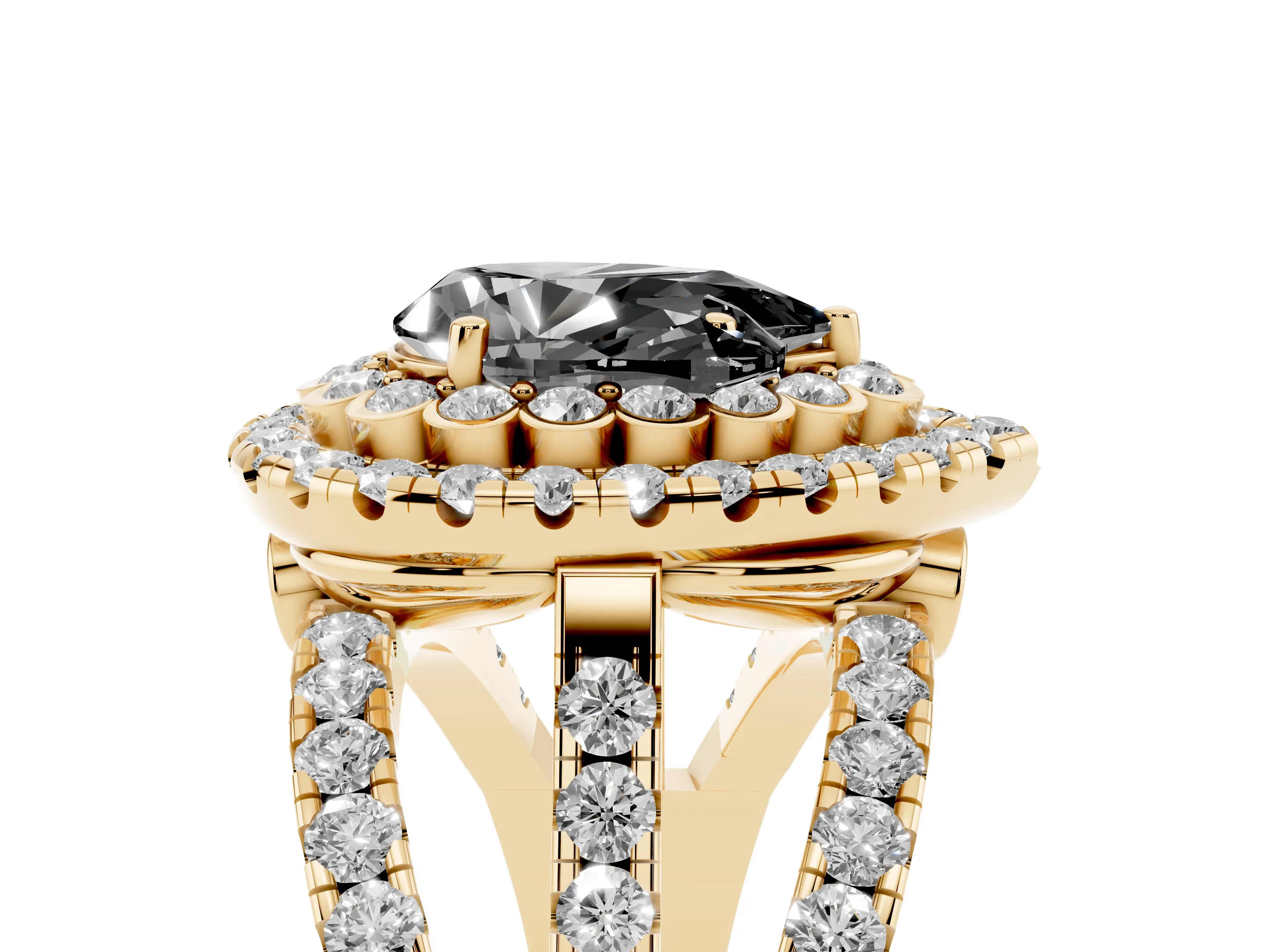Fancy Black Pear Cut Diamond Double Halo Ring Set in Yellow gold with Round Pavé Split Shank