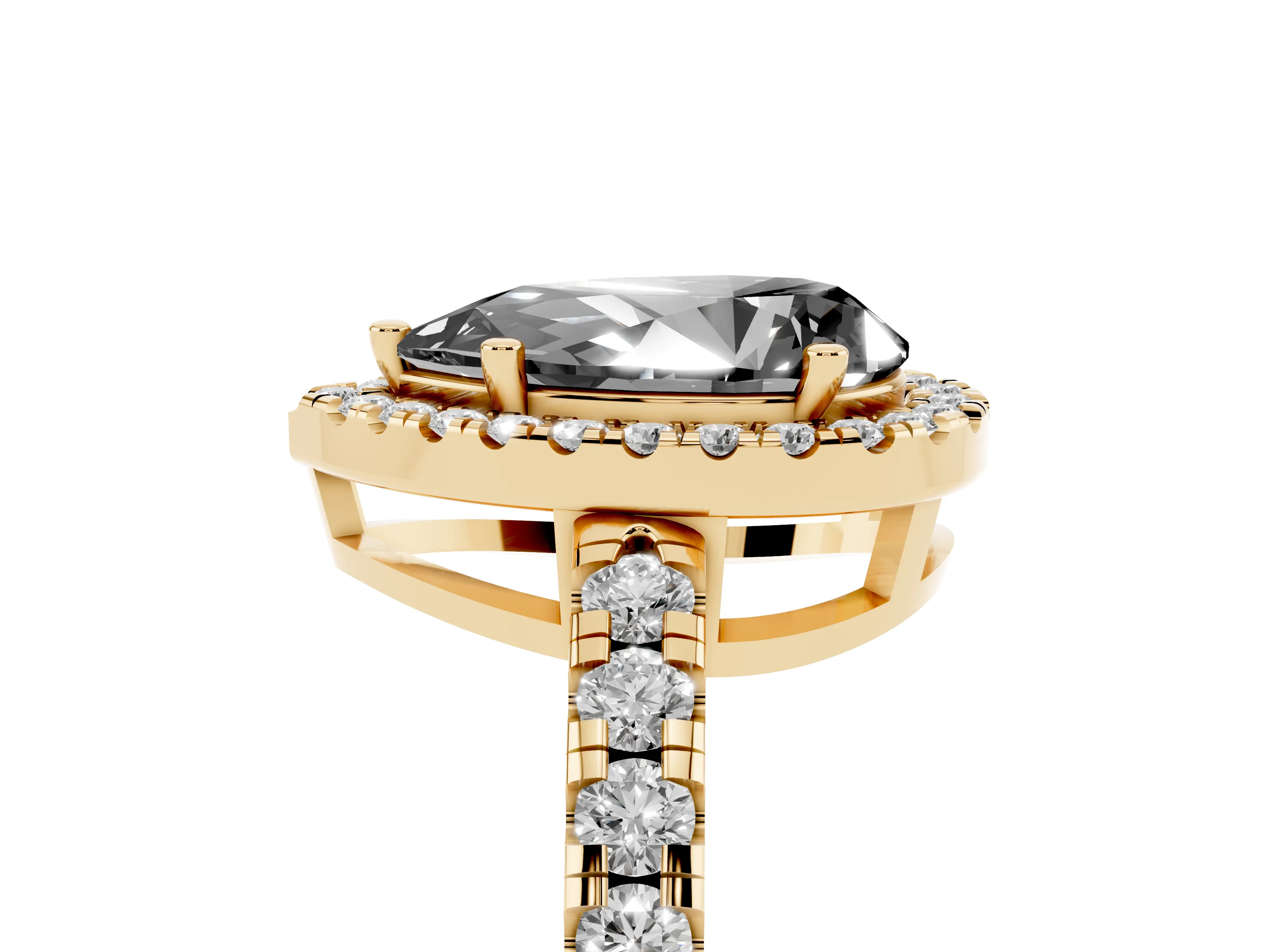 Fancy Black Pear Cut Diamond Halo Ring Set in Yellow gold with Delicate Pavé Band and Prong Setting