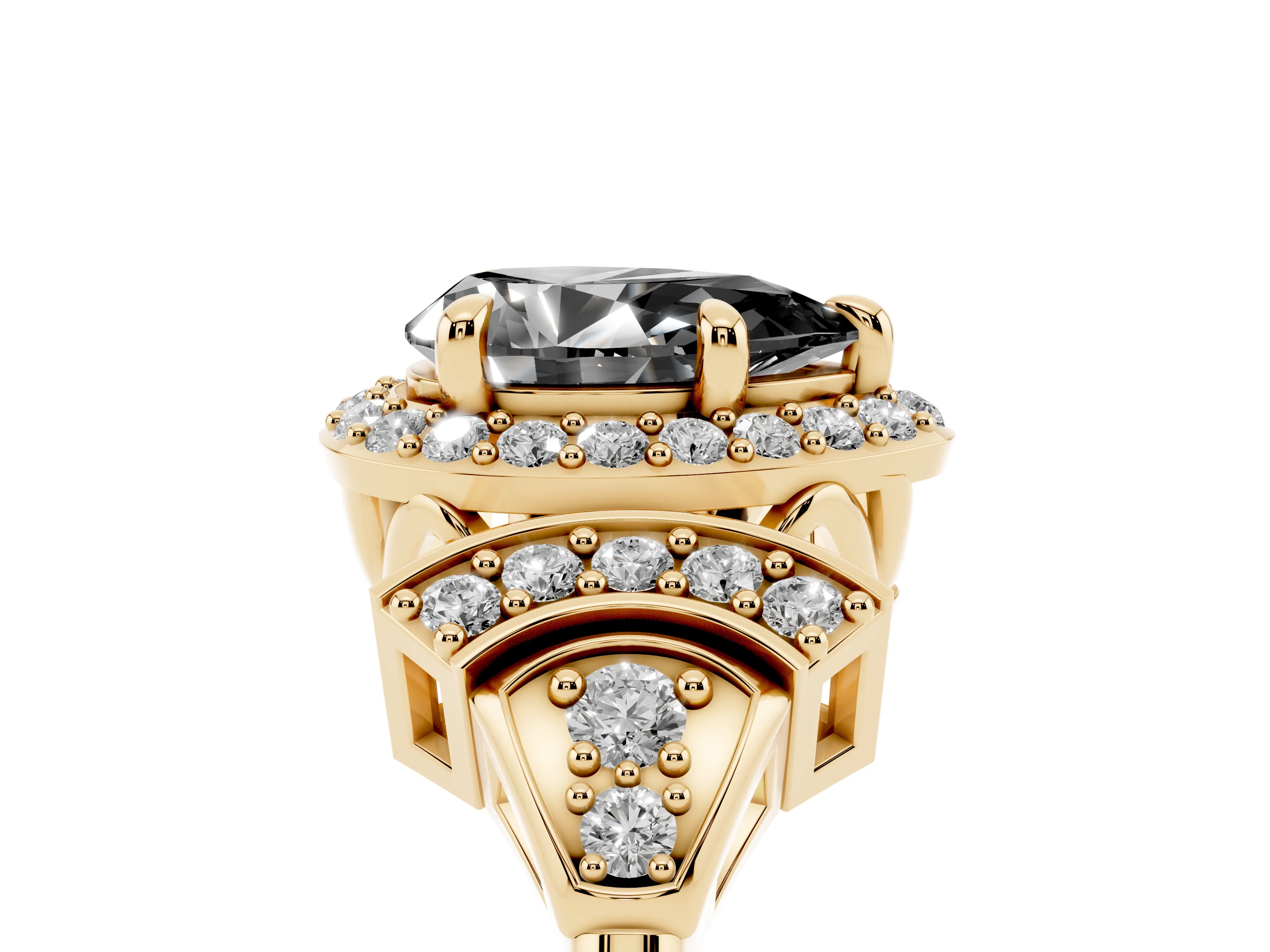Fancy Black Pear Cut Diamond Halo Engagement Ring Set in Yellow gold with Accent Stone Split Shank