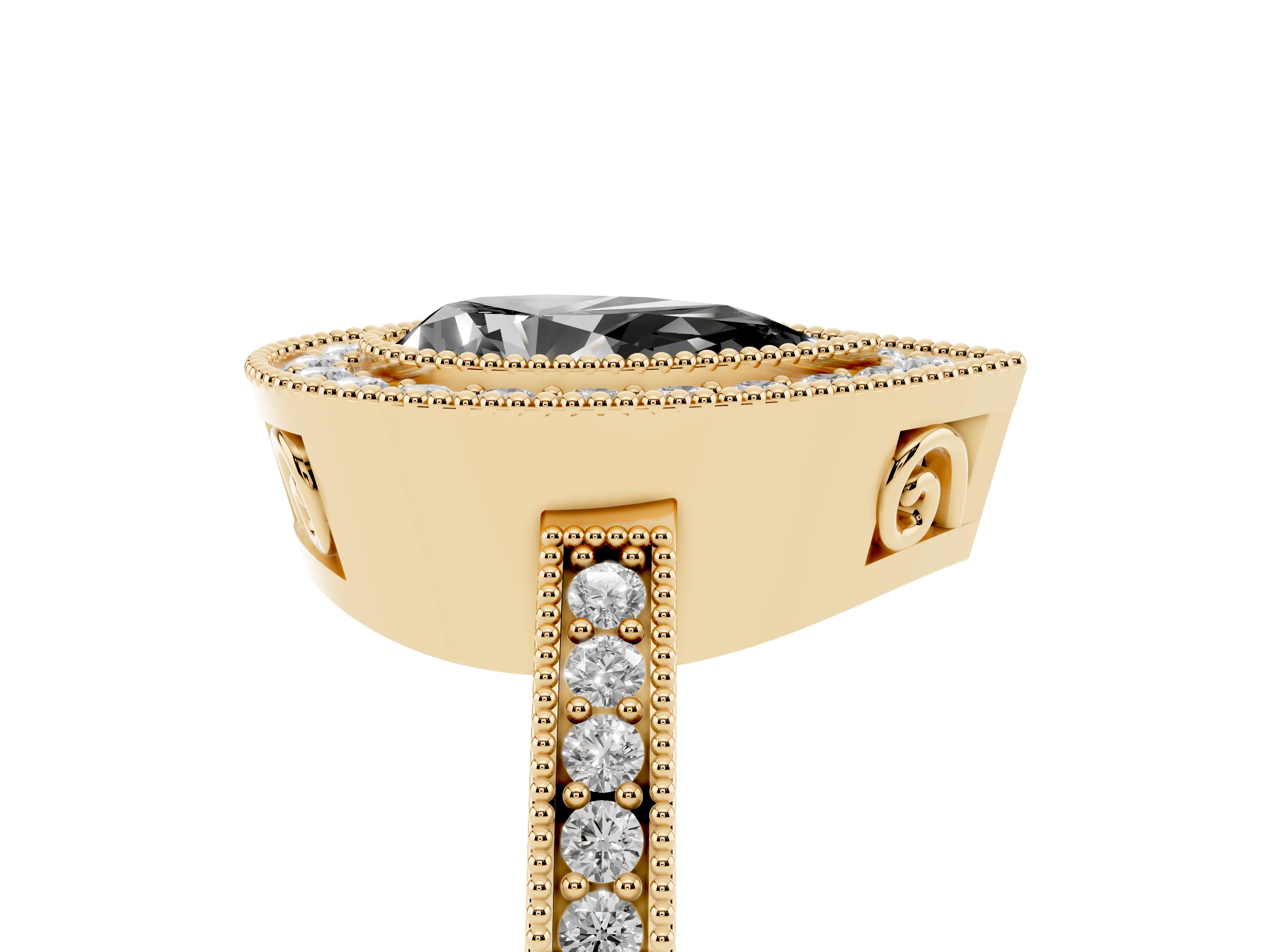 Fancy Black Pear Cut Diamond Round Halo Ring Set in Yellow gold with Pavé Band