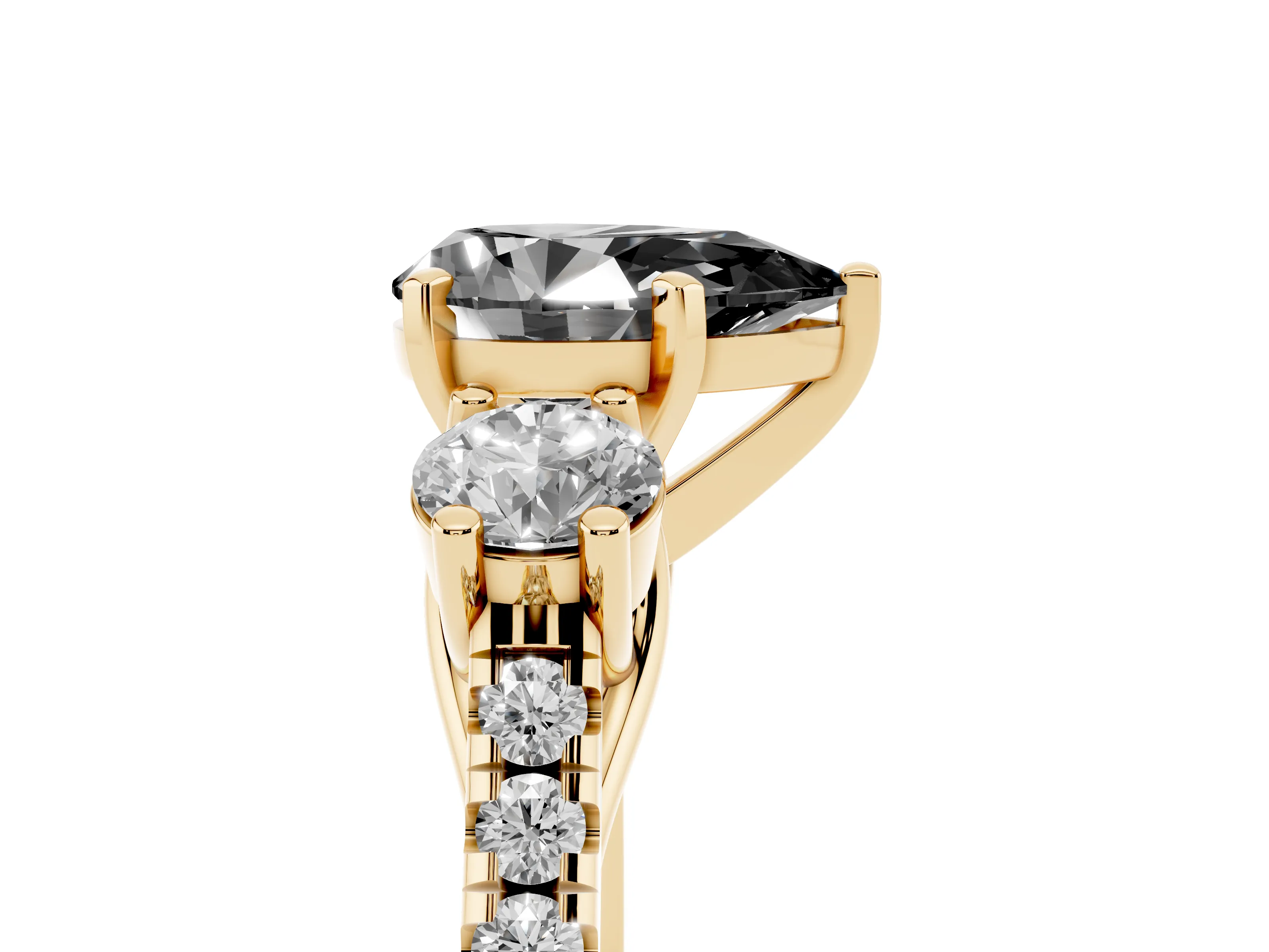 Fancy Black Three-Stone Pear Cut Diamond Pavé Band Ring Set in Yellow gold with Prong-Set Trio