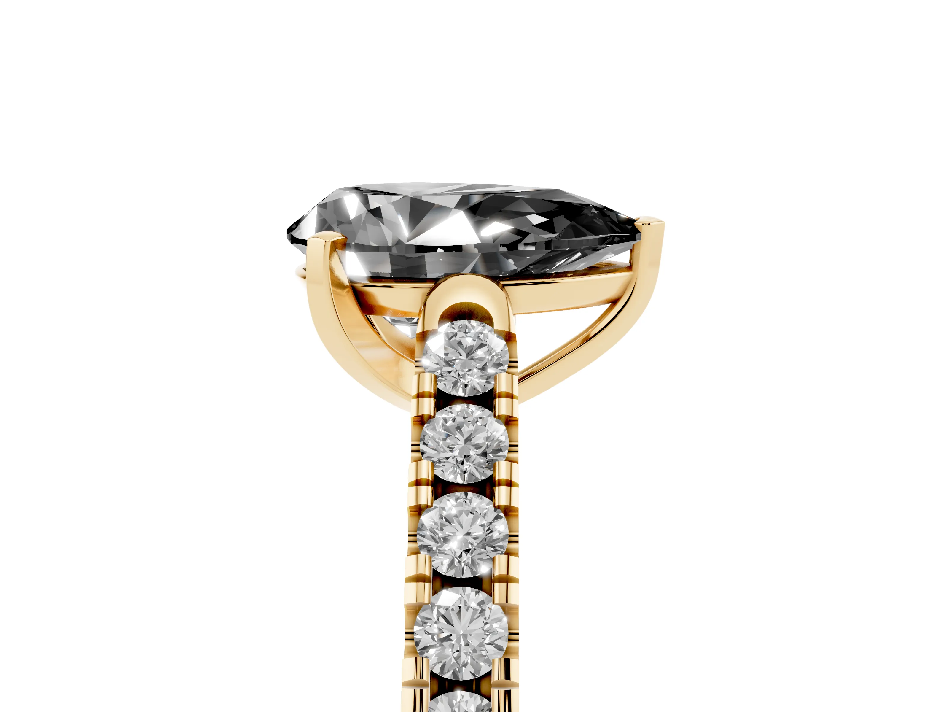 Fancy Black Pear Cut Diamond Pavé Band Solitaire Ring Set in Yellow gold with Partway Accent Stones and Prong Setting