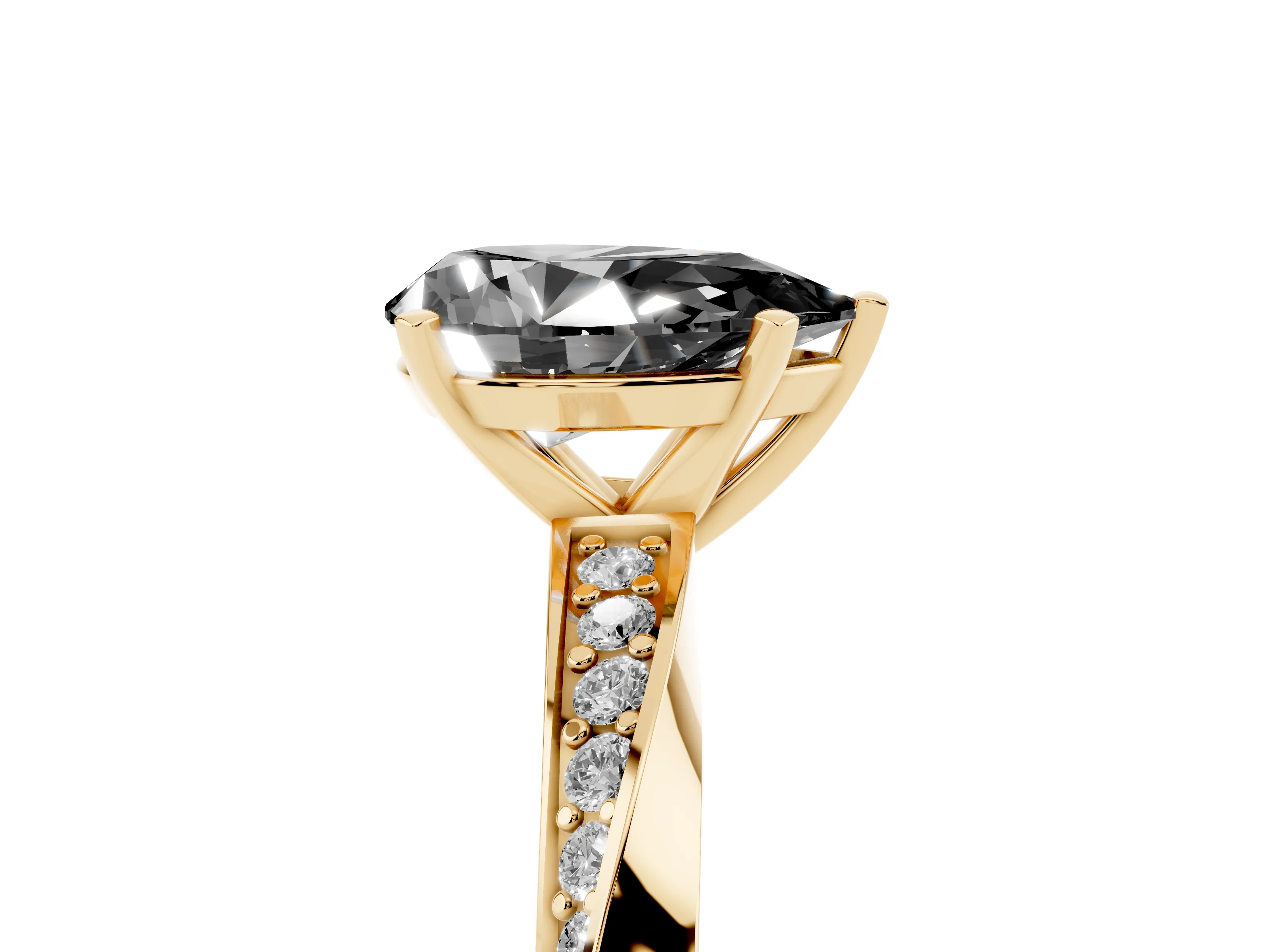 Fancy Black Pear Cut Diamond Engagement Ring Set in Yellow gold with Side Stone Accents and Prong Setting