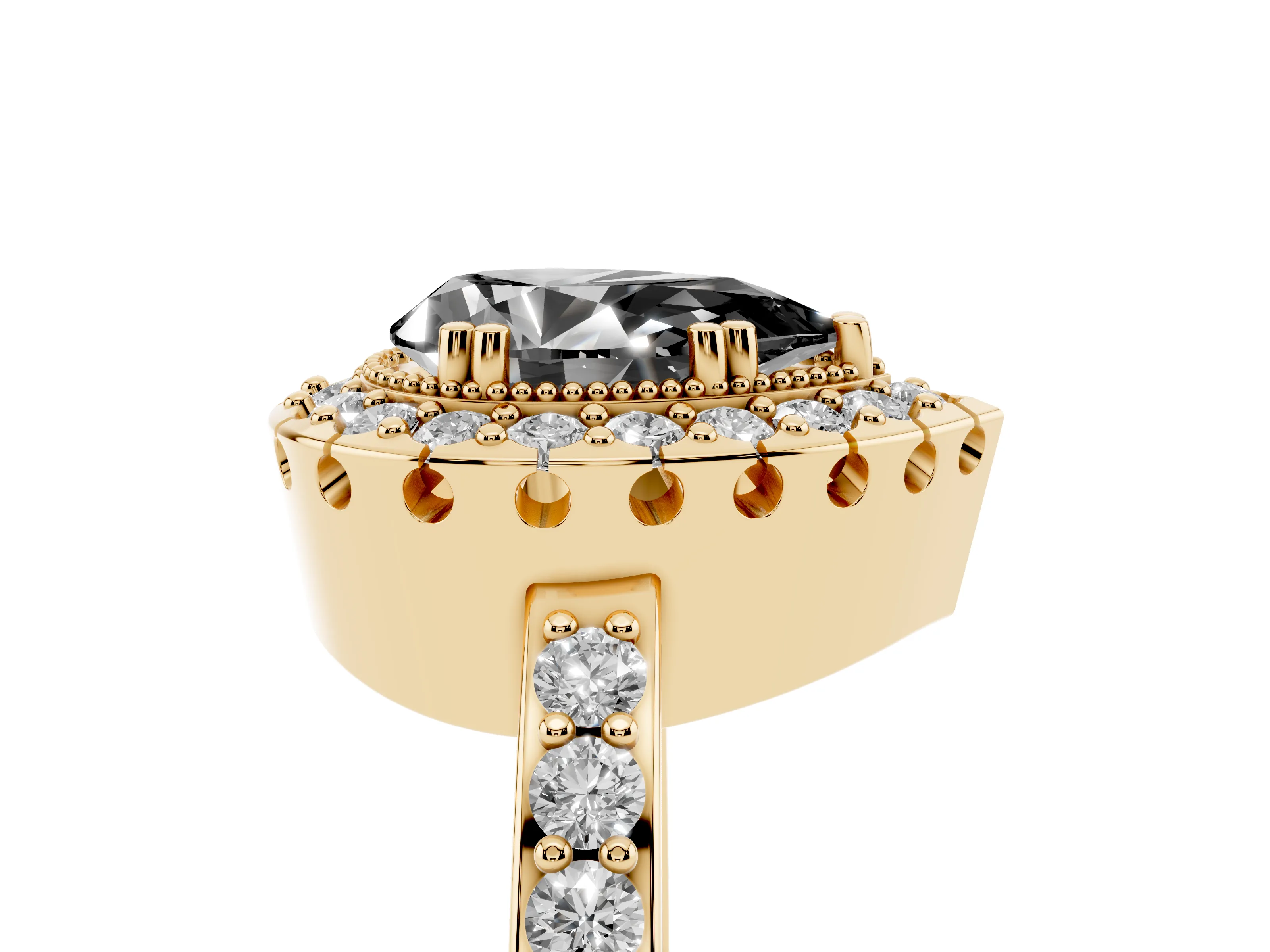 Fancy Black Pear Cut Diamond Halo Ring Set in Yellow gold with Pavé Shank and Prong Setting