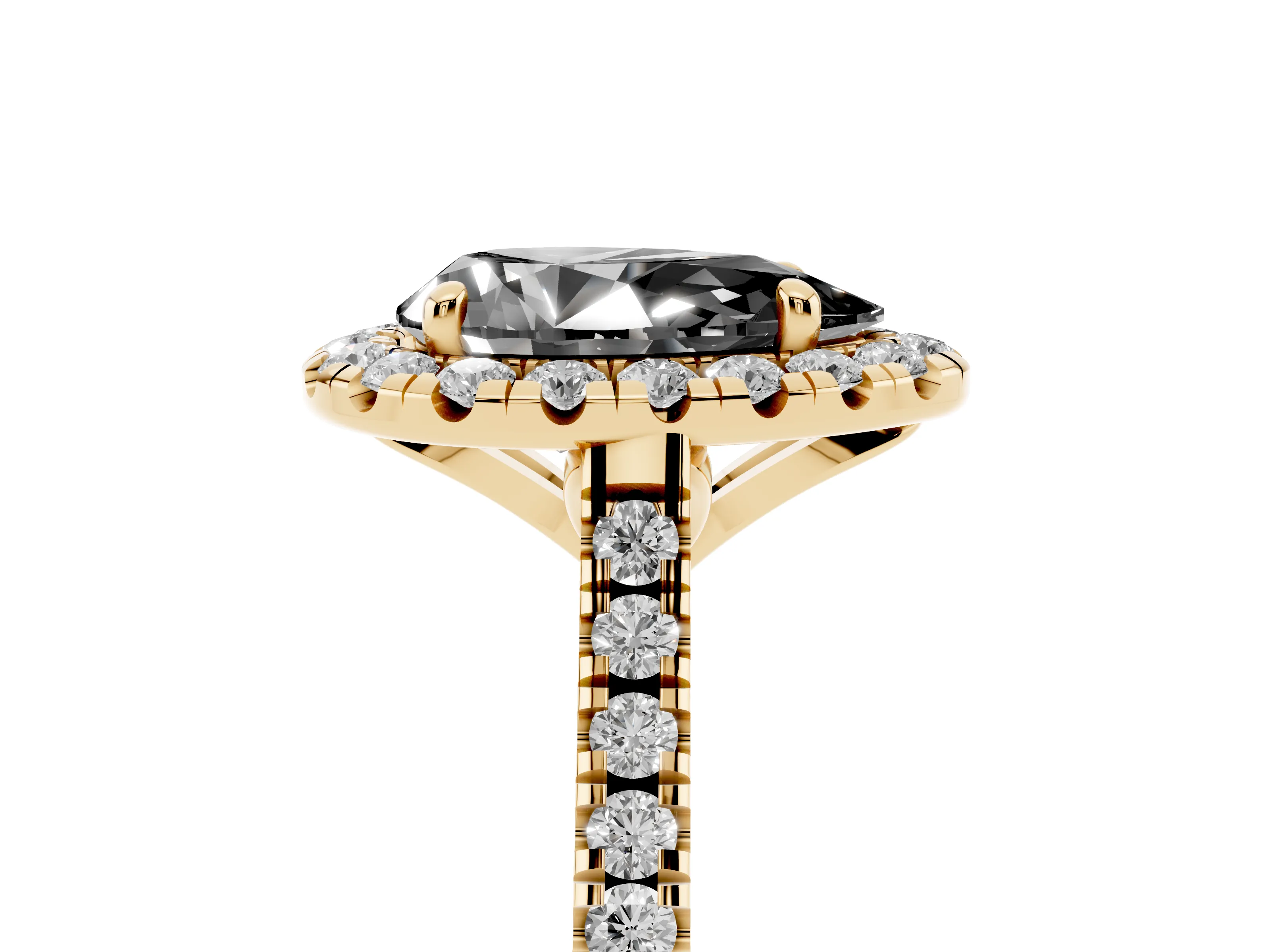 Fancy Black Pear Cut Diamond Cushion Halo Ring Set in Yellow gold with Pavé Band