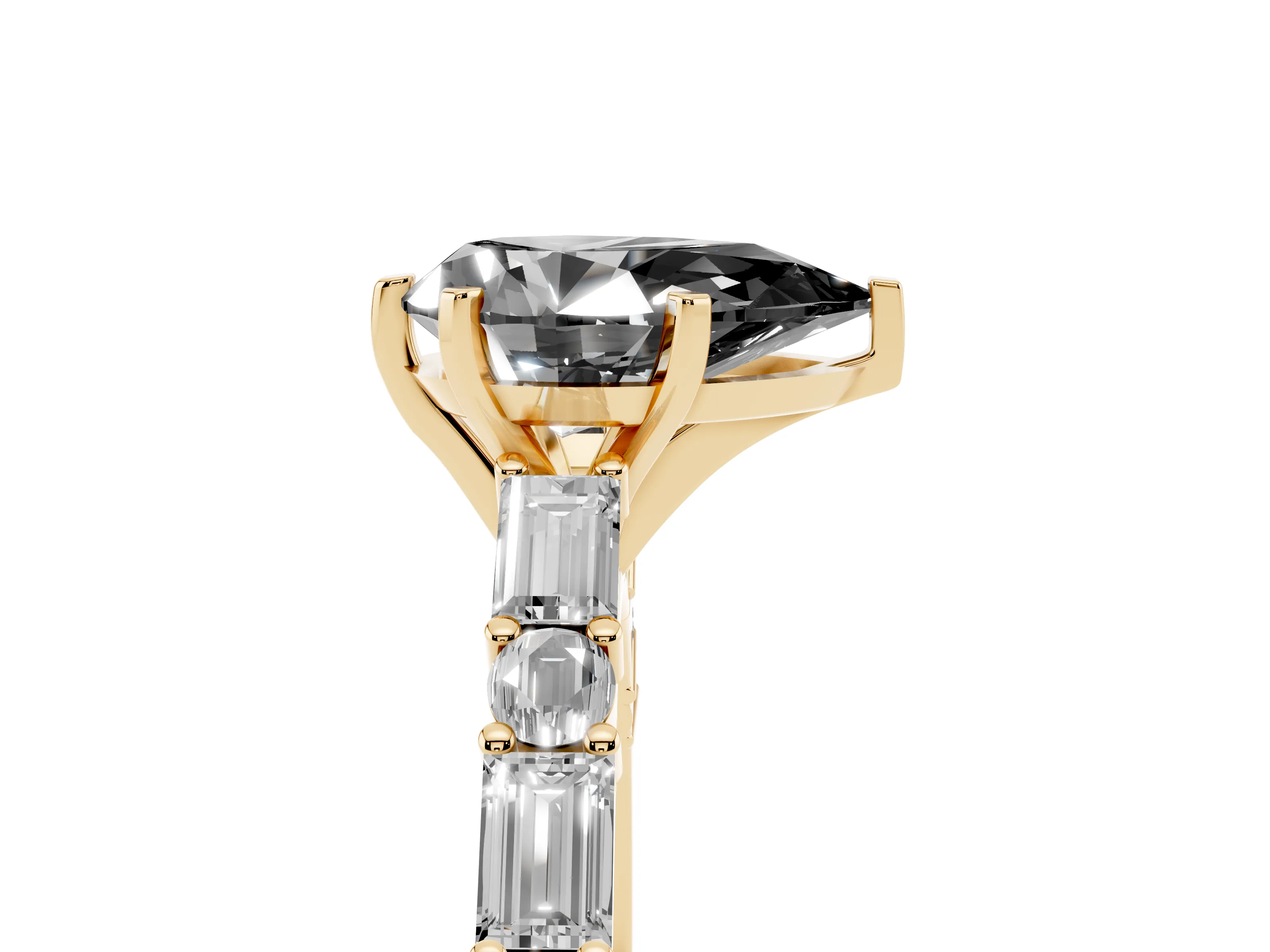 Fancy Black Pear Cut Diamond Solitaire Set in Yellow gold with Side Baguettes and Channel Set Band