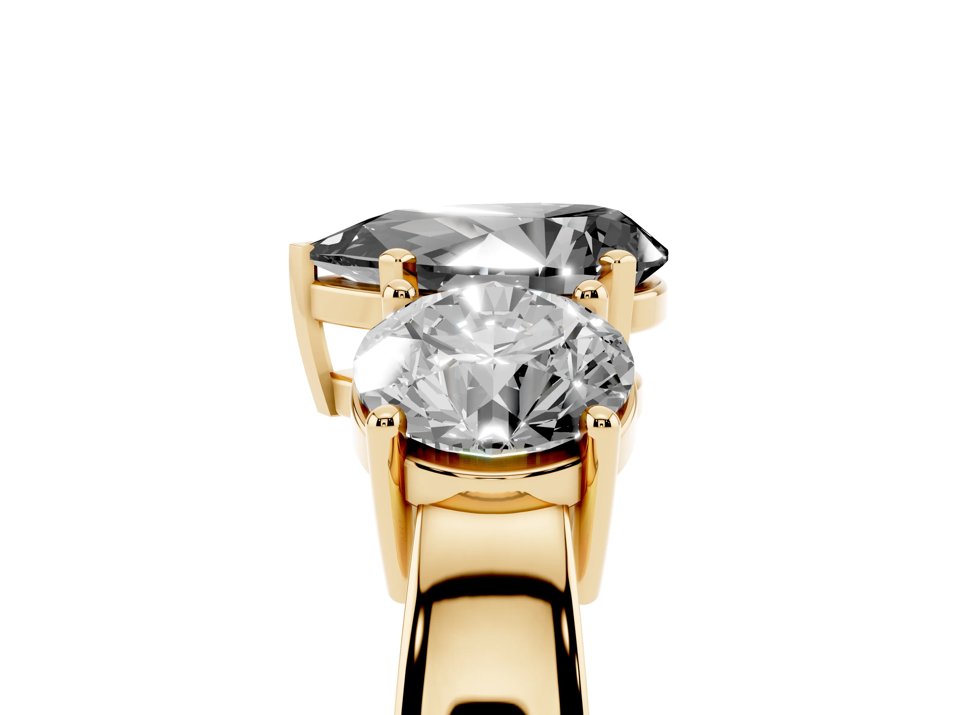 Fancy Black Pear Cut Diamond Three-Stone Ring Set in Yellow gold with Round Side Stones and Classic Band