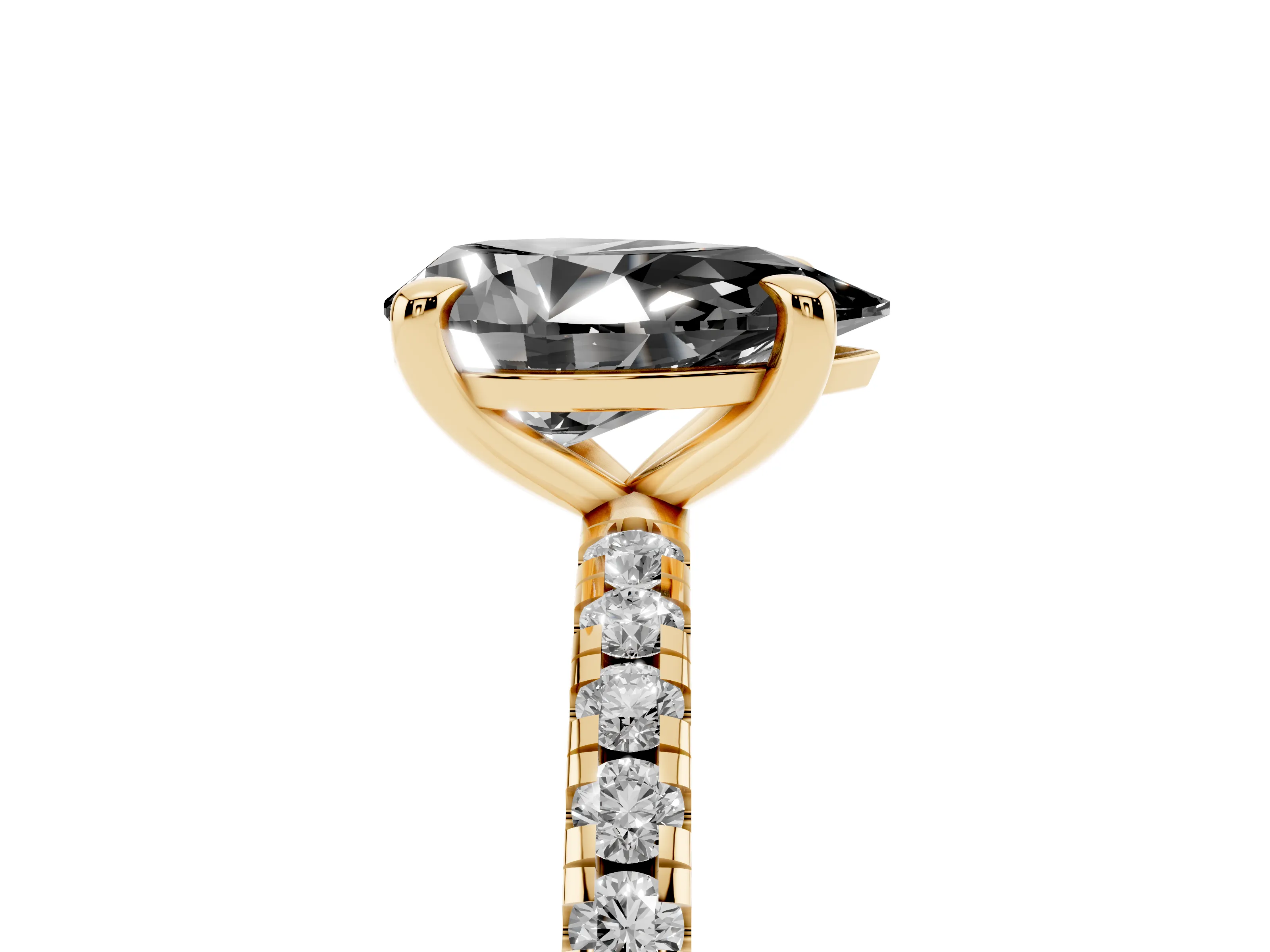 Fancy Black Pear Cut Diamond Brilliant Solitaire Ring Set in Yellow gold with Pavé Band and Prong Setting