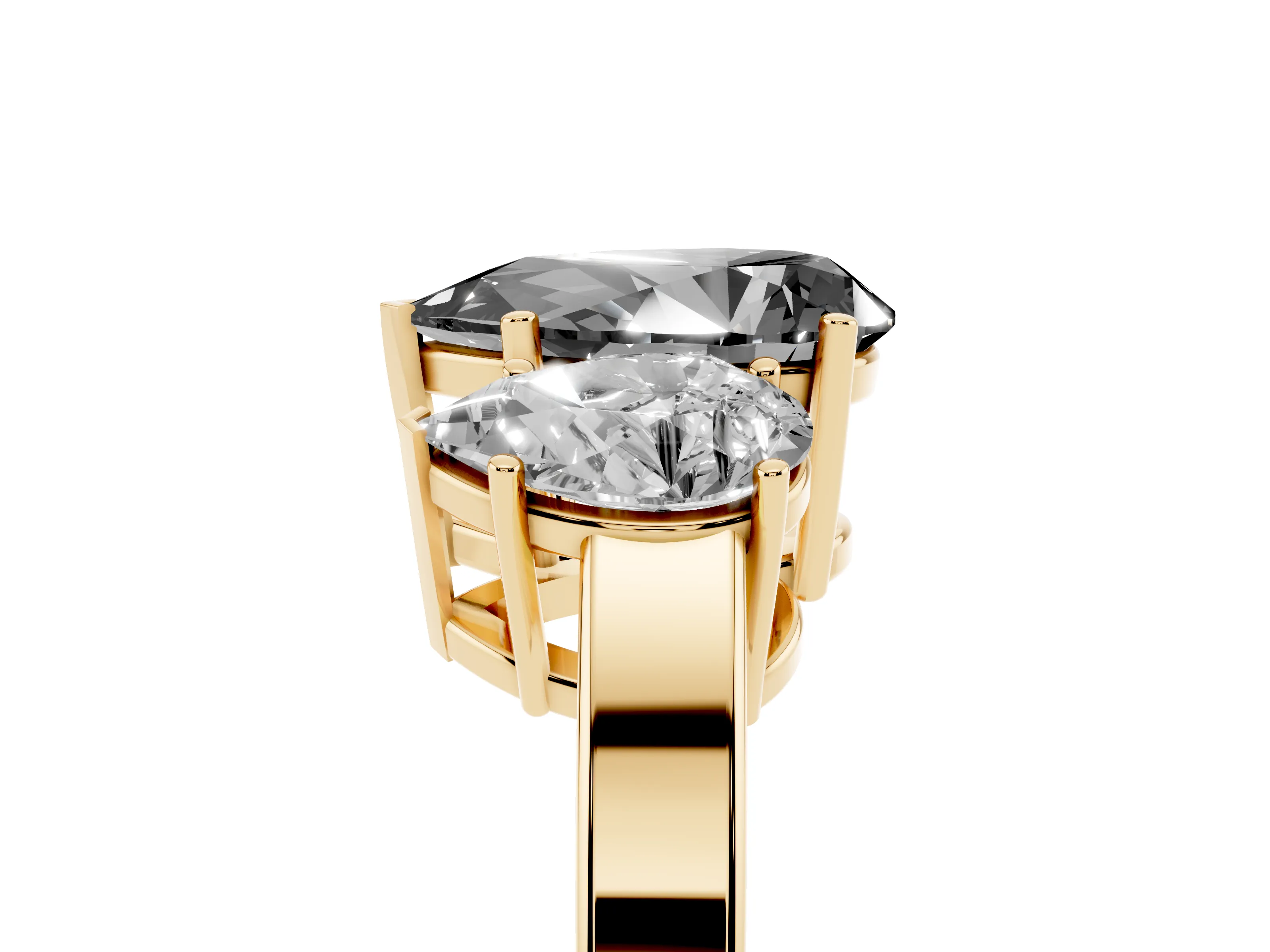 Fancy Black Pear Cut Diamond Three-Stone Engagement Ring Set in Yellow gold with Flat Band