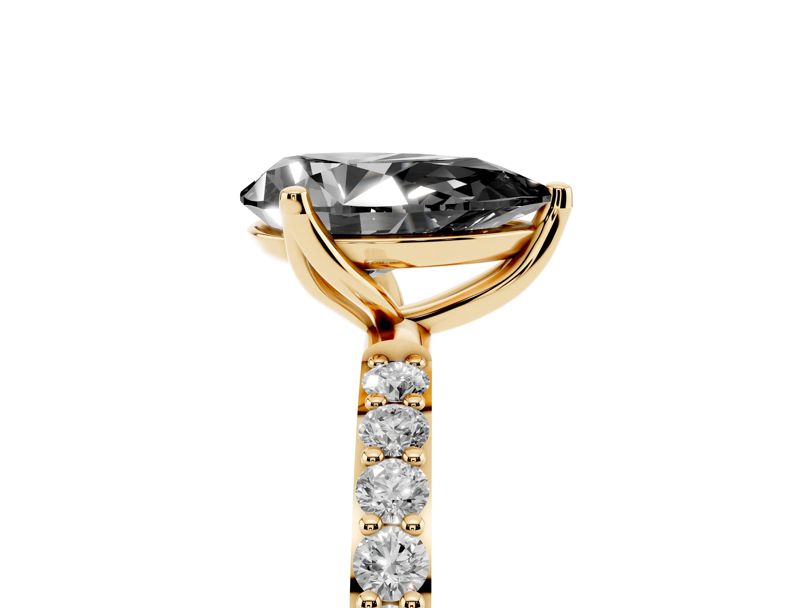 Fancy Black Pear Cut Diamond Solitaire Engagement Ring Set in Yellow gold with Round Pavé Band and Prong Setting