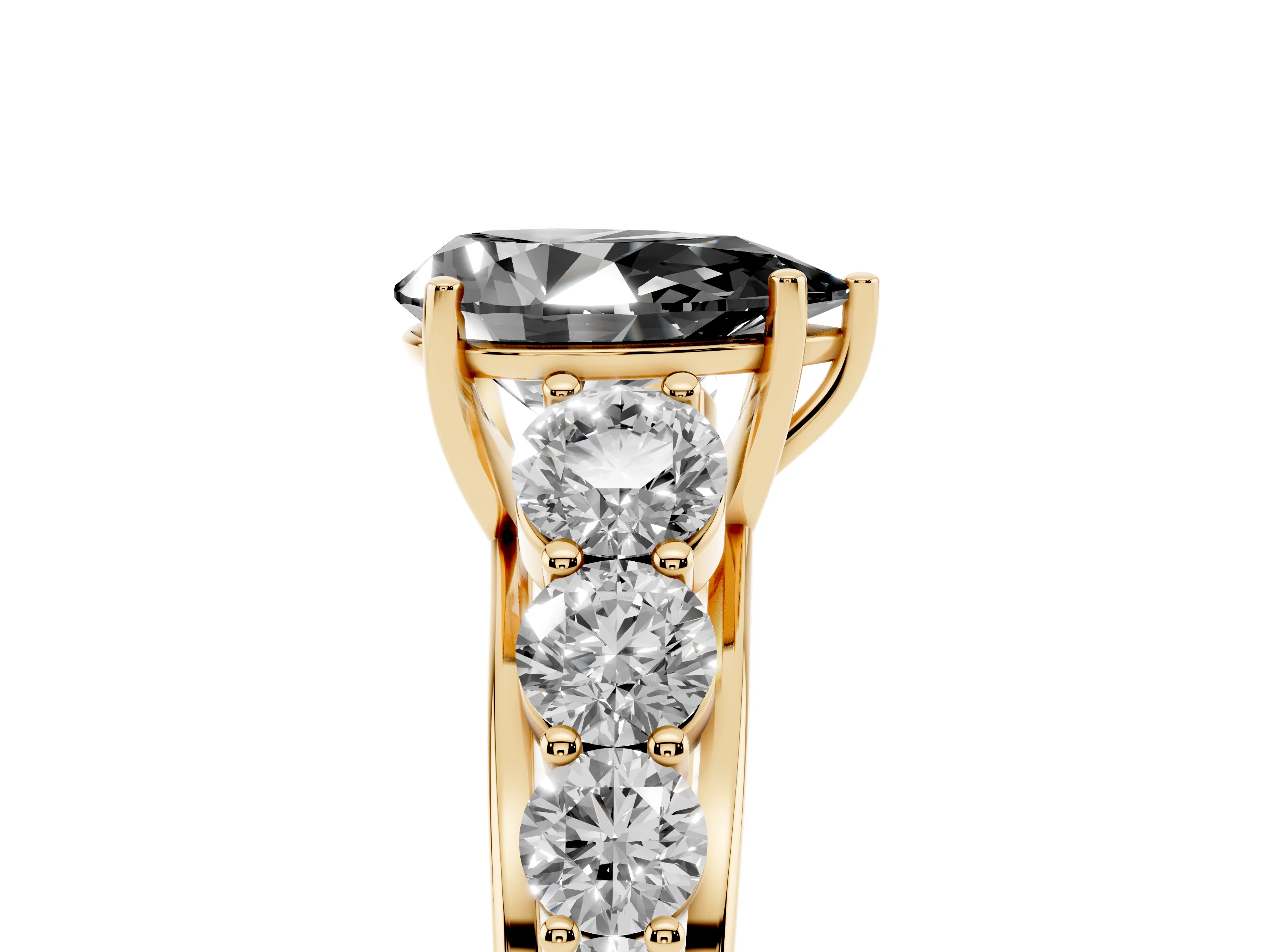 Fancy Black Pear Cut Diamond Solitaire Ring Set in Yellow gold with Pavé-Set Band and Prong Setting
