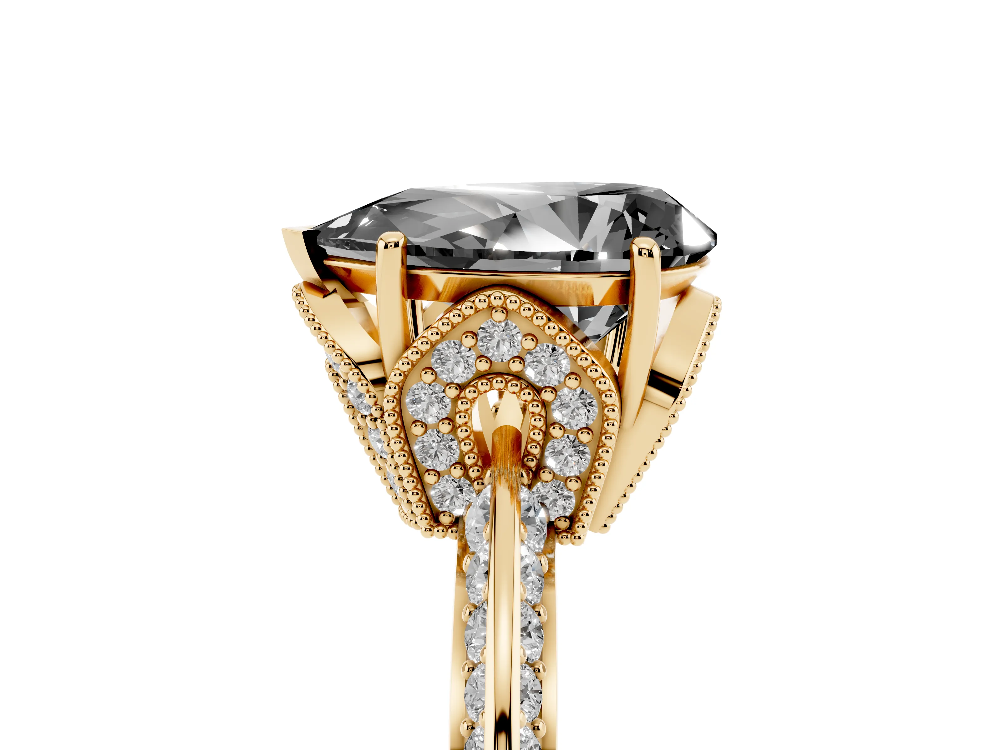Fancy Black Pear Cut Diamond Solitaire Engagement Ring Set in Yellow gold with Pavé Split Shank and Prong Setting