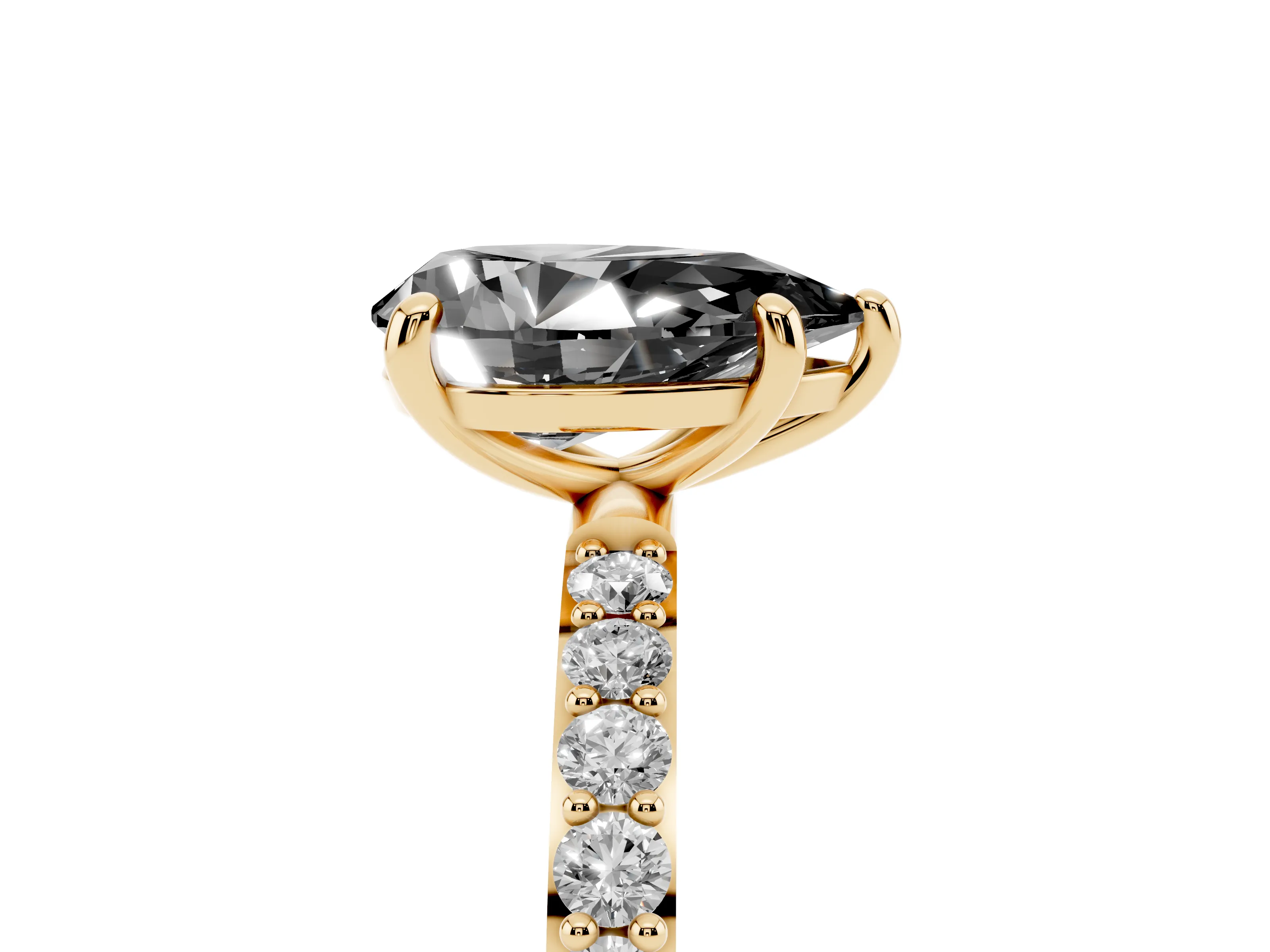 Fancy Black Pear Cut Diamond Solitaire Ring Set in Yellow gold with Round Pavé Band and Prong Setting