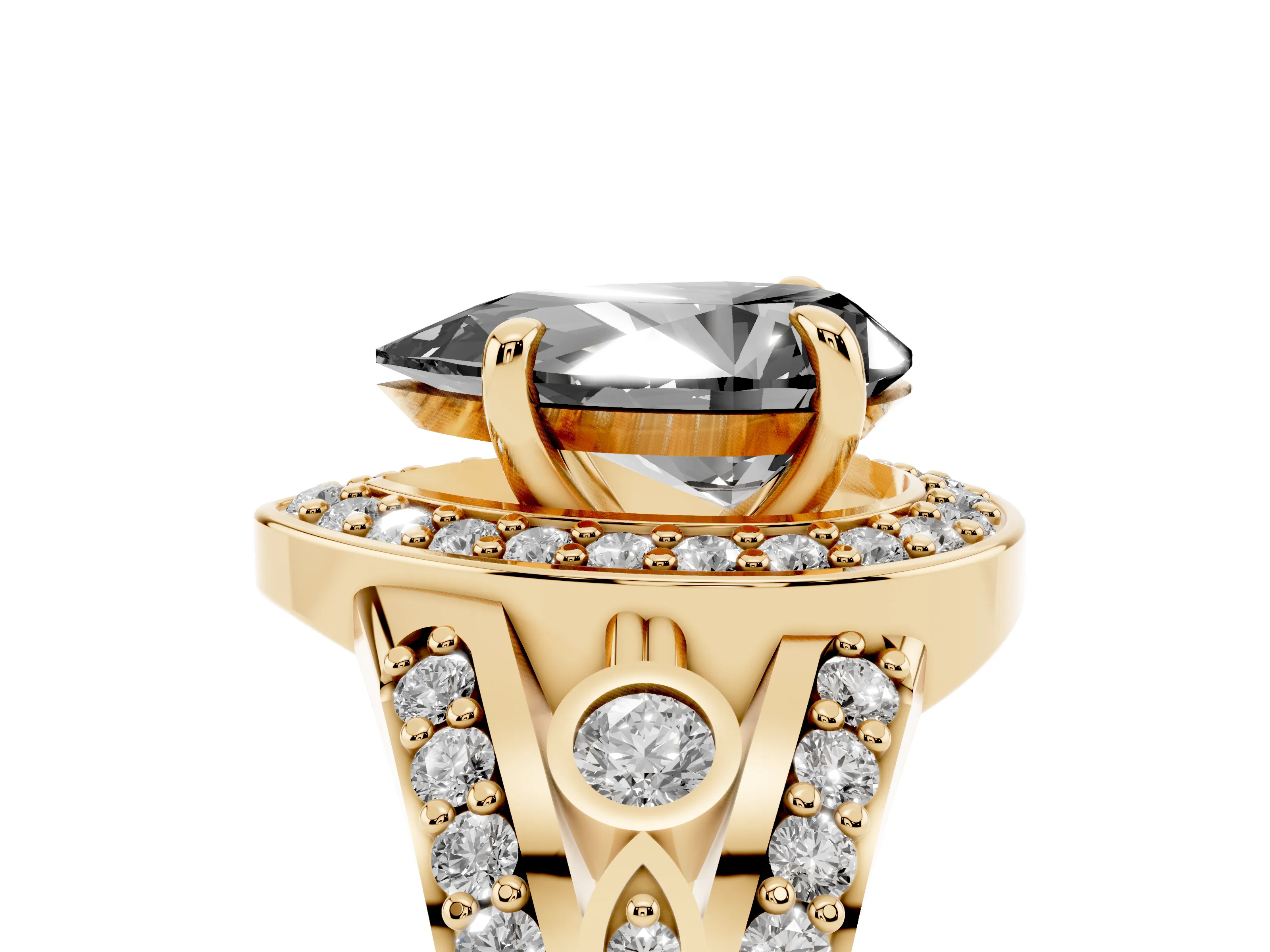 Fancy Black Pear Cut Diamond Halo Ring Set in Yellow gold with Pavé Split Shank and Bezel Accents