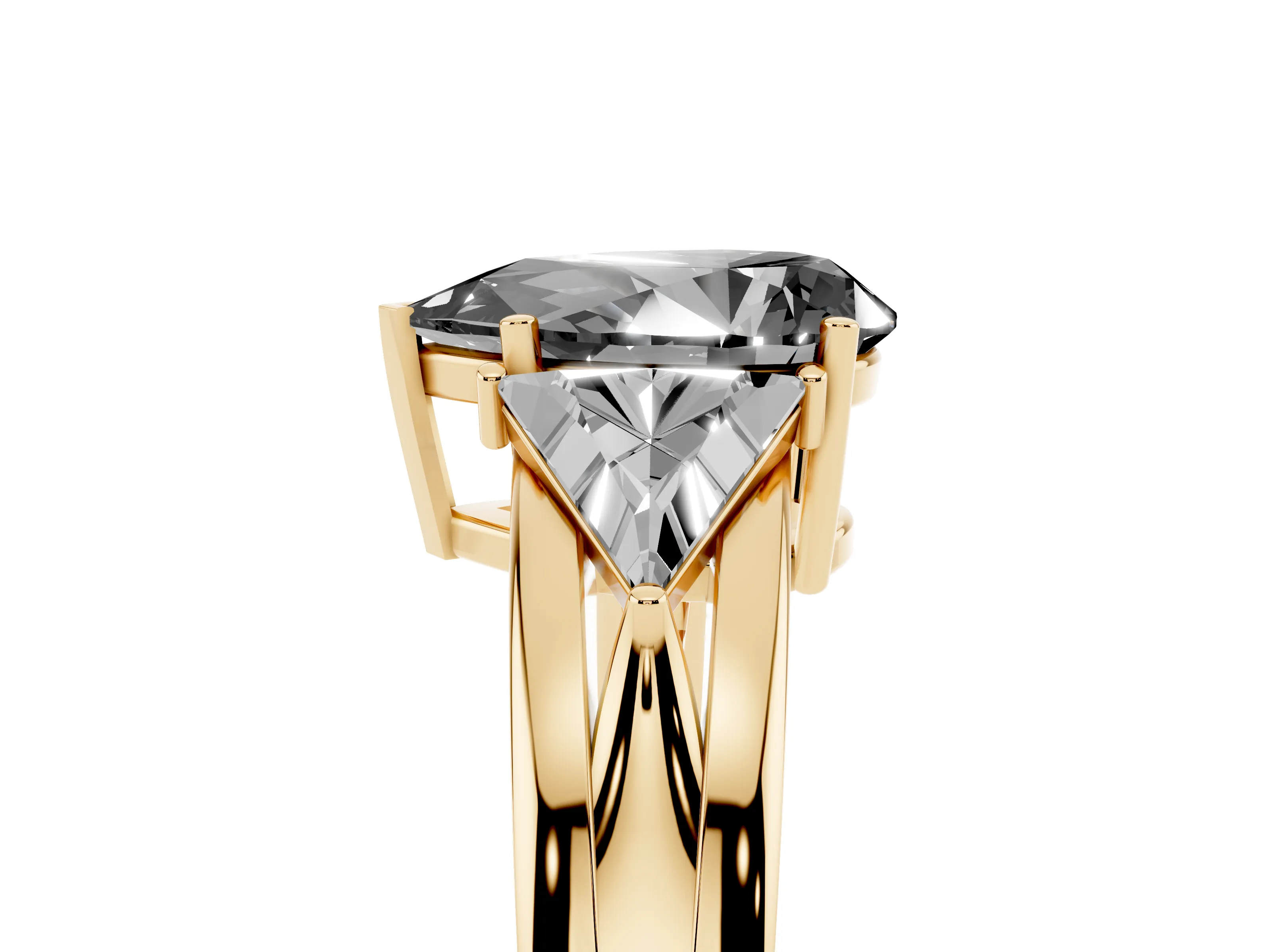 Fancy Black Pear Cut Diamond Three-Stone Ring Set in Yellow gold with Trillion Side Stones and Split Shank