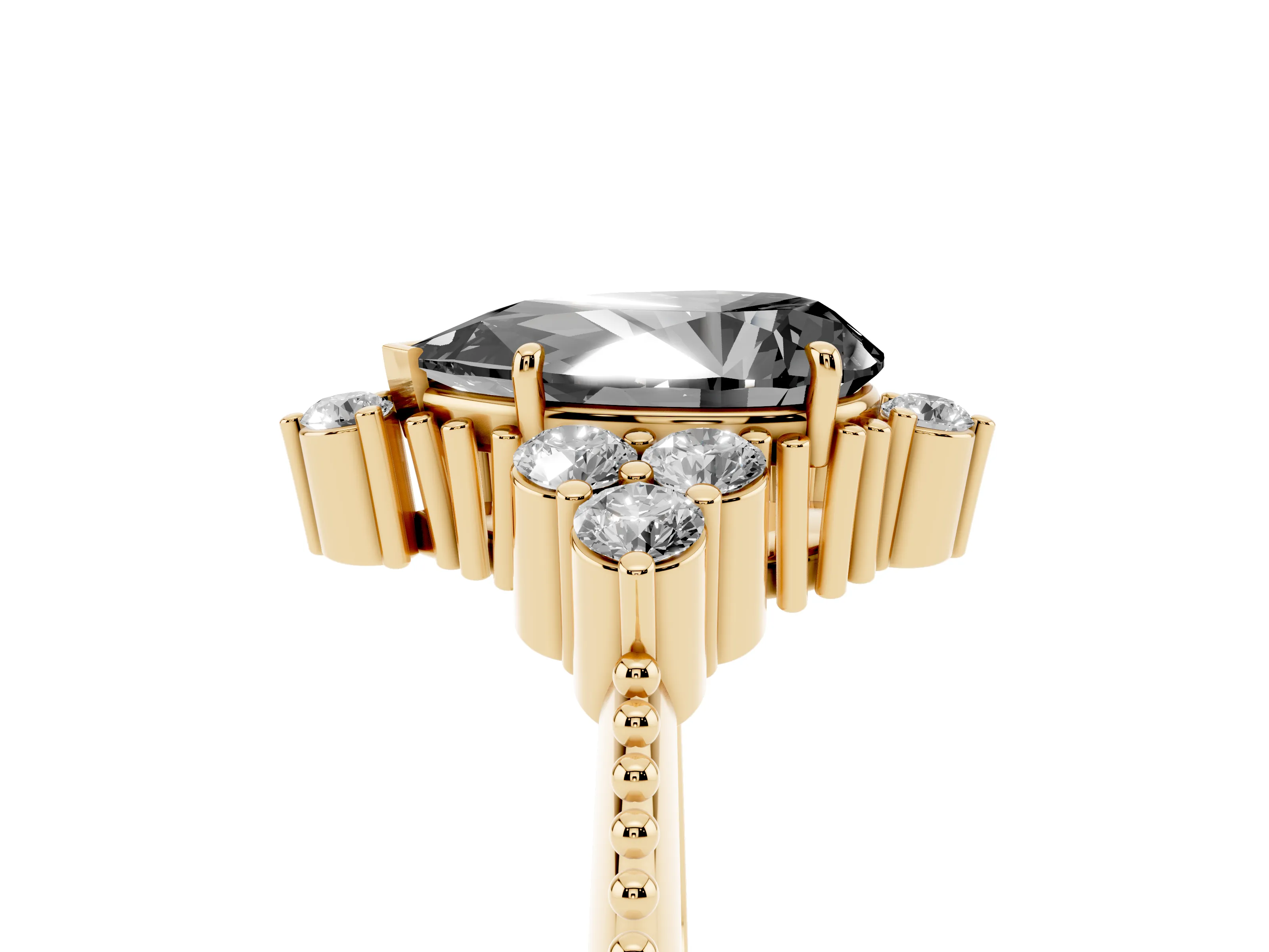 Fancy Black Pear Cut Diamond Cluster Ring Set in Yellow gold with Beaded Band