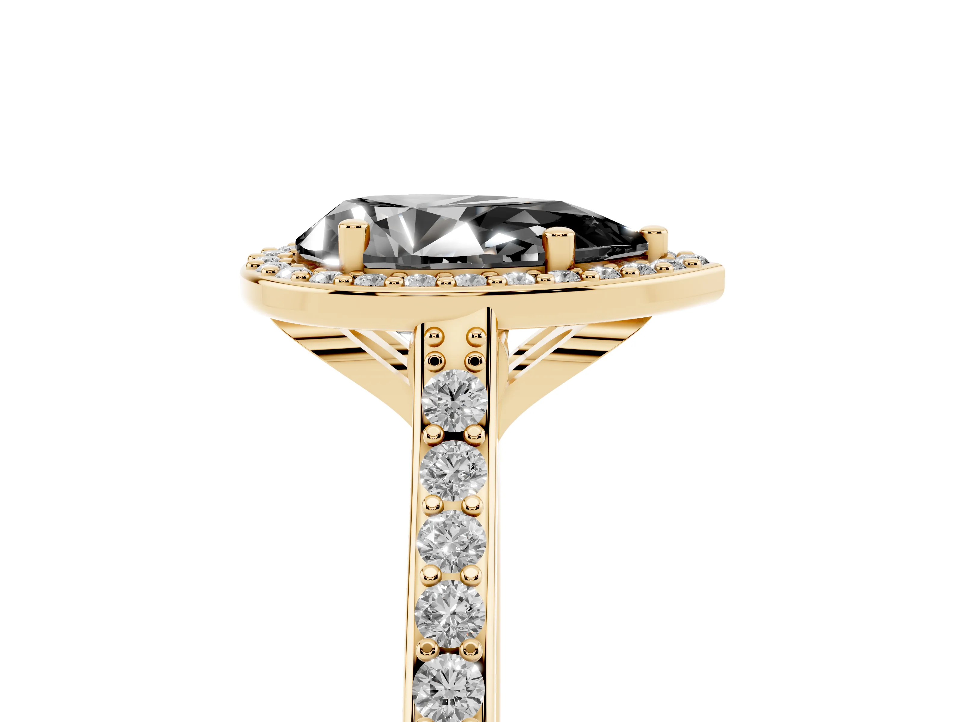 Fancy Black Pear Cut Diamond Halo Engagement Ring Set in Yellow gold with Round Pavé Shoulders and Heart Gallery