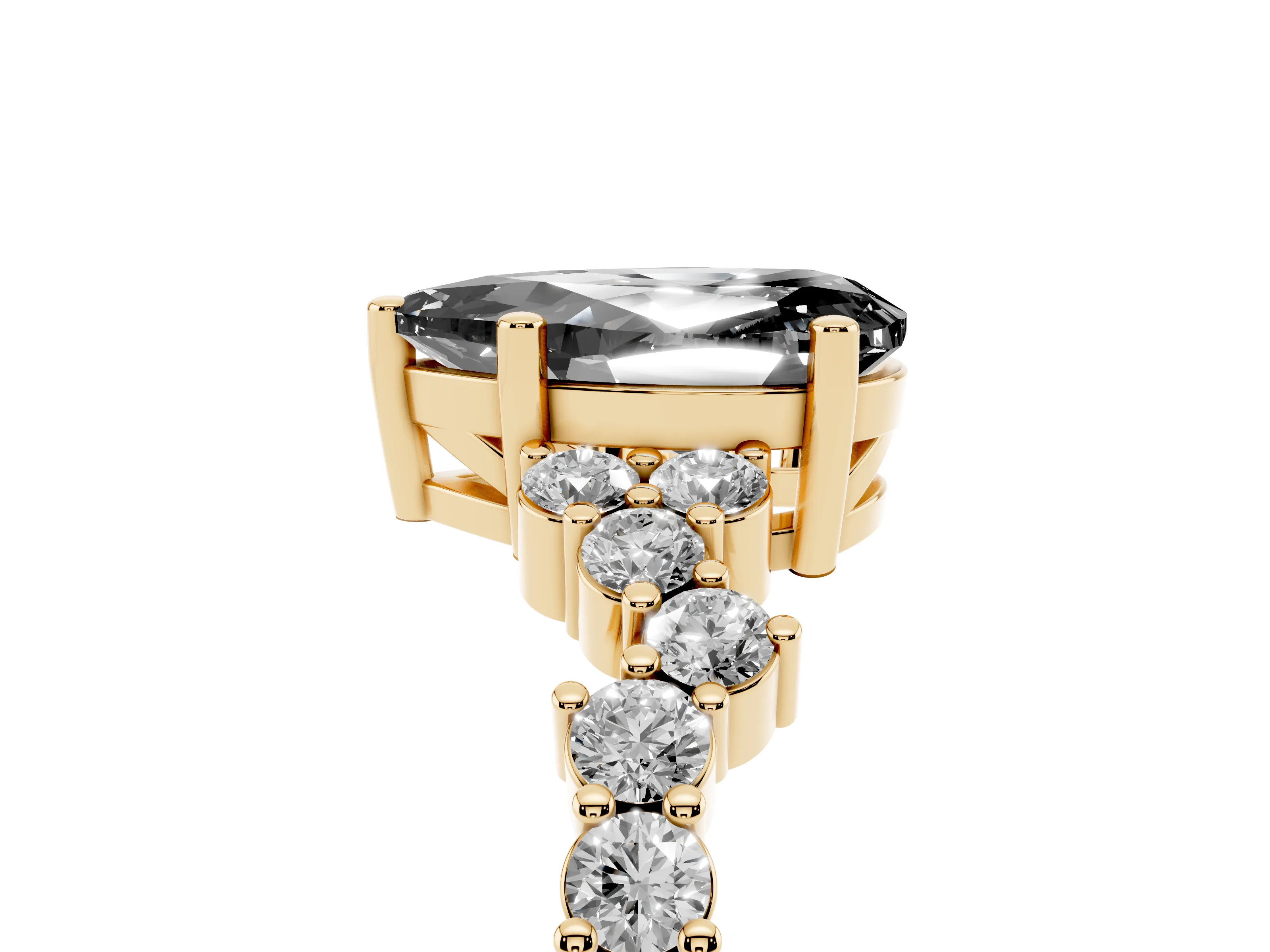 Fancy Black Pear Cut Diamond Ring Set in Yellow gold with Scattered Round Accents