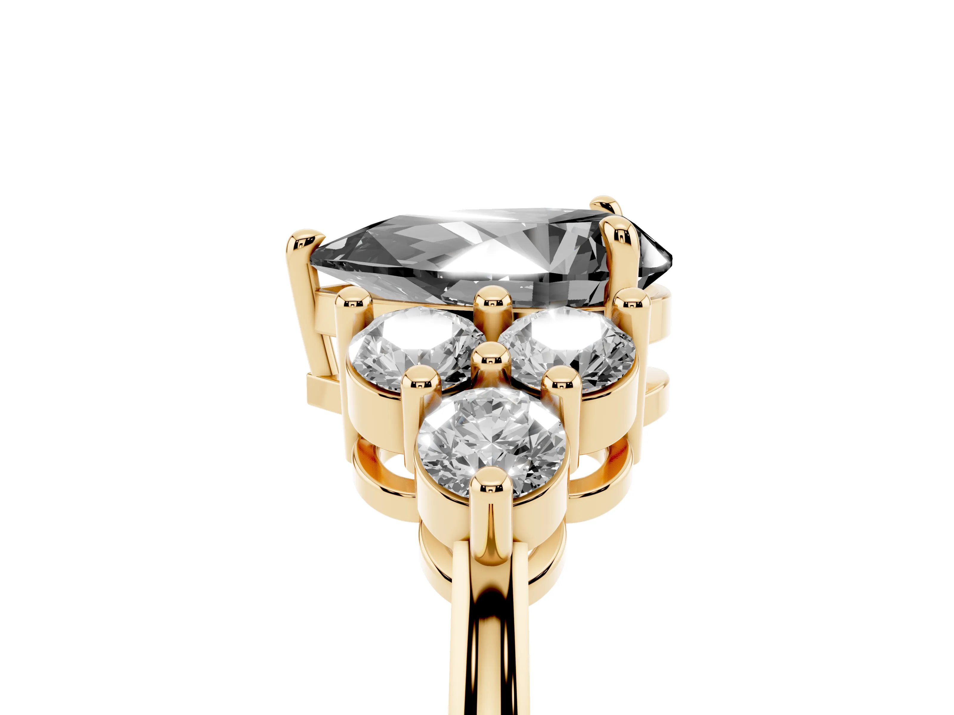 Fancy Black Pear Cut Diamond Solitaire Ring Set in Yellow gold with Cluster Accents on Each Side