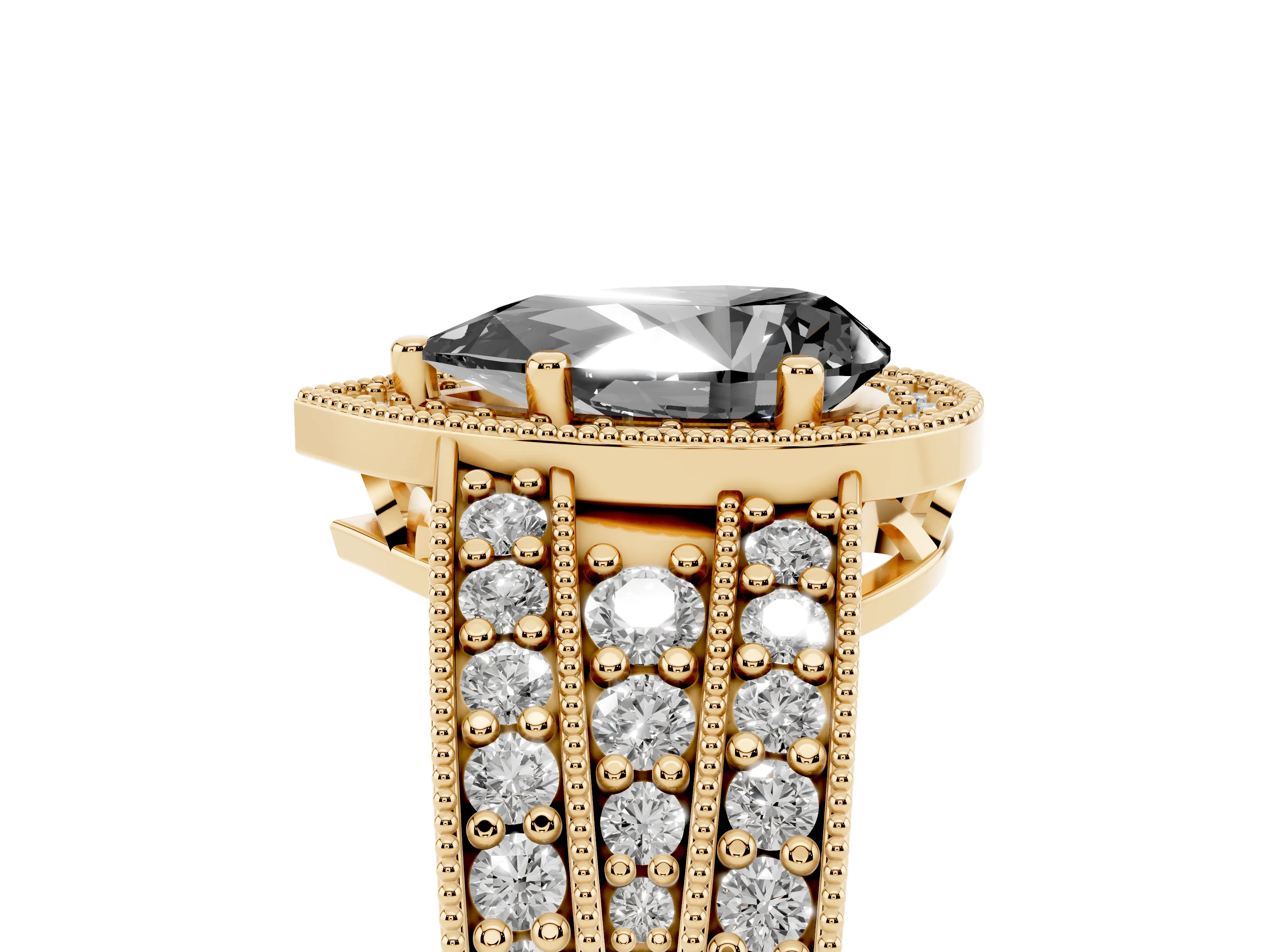 Fancy Black Pear Cut Diamond Halo Ring Set in Yellow gold with Accent Split Shank and Prong Setting