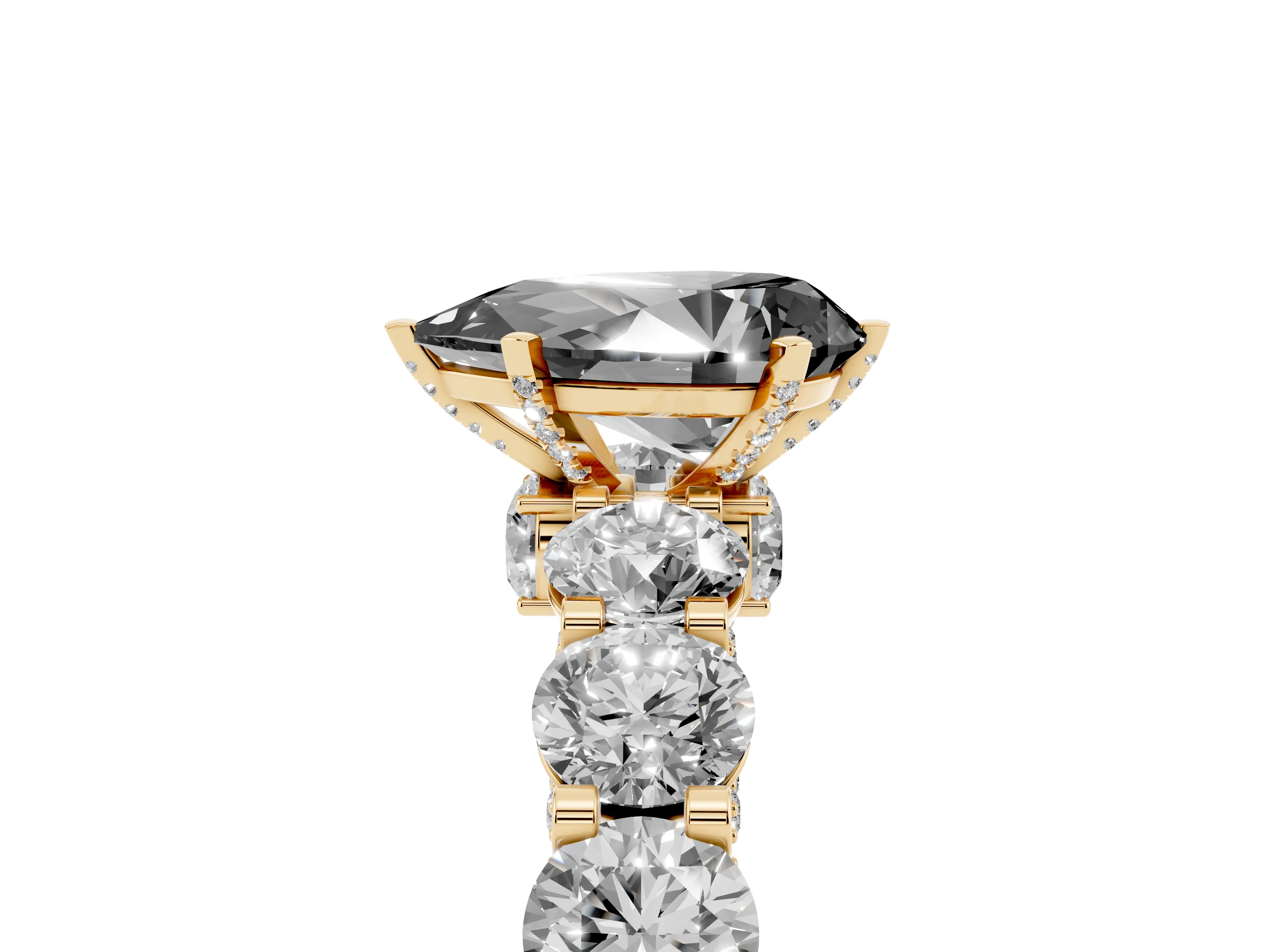 Fancy Black Pear Cut Diamond Side Stone Ring Set in Yellow gold with Alternating Round and Oval Side Stones