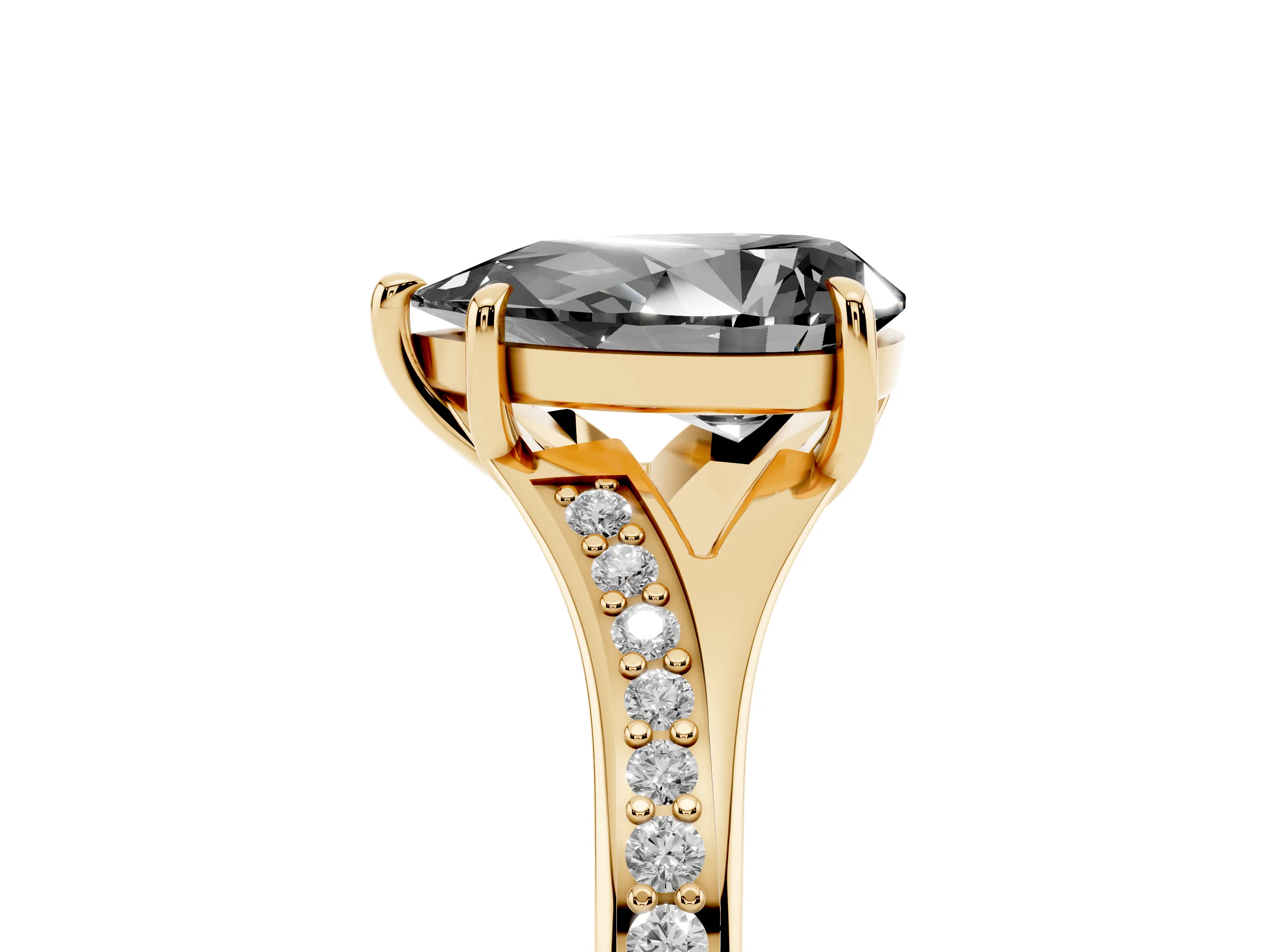 Fancy Black Pear Cut Diamond Solitaire Ring Set in Yellow gold with Pavé Accent Band and Classic Prong Setting