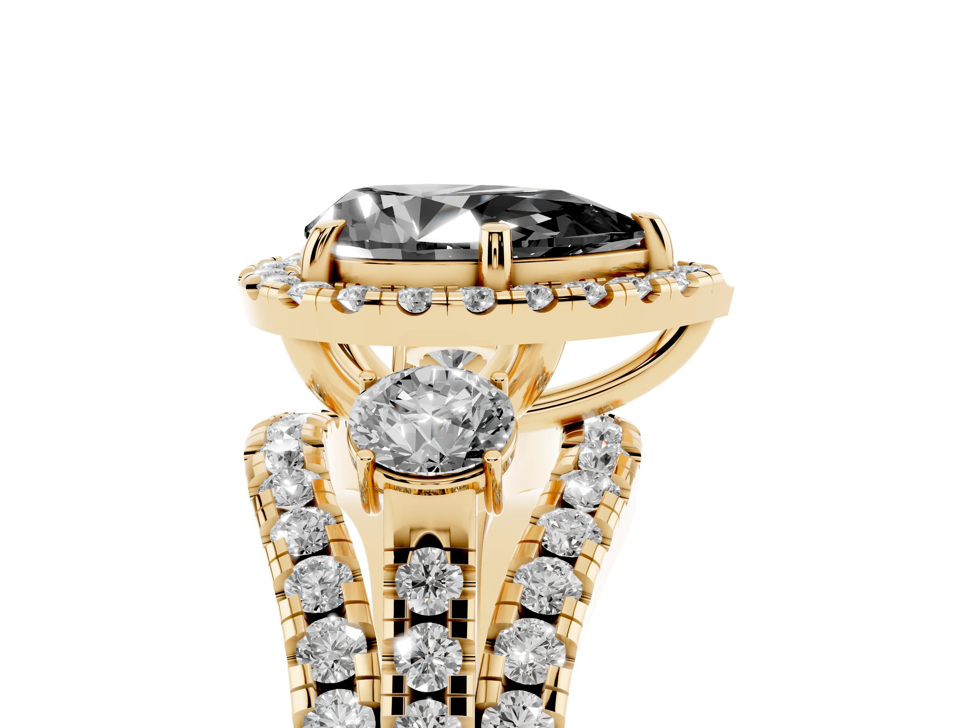 Fancy Black Pear Cut Diamond Halo Split Shank Ring Set in Yellow gold with Round Accent Stones and Prong Setting