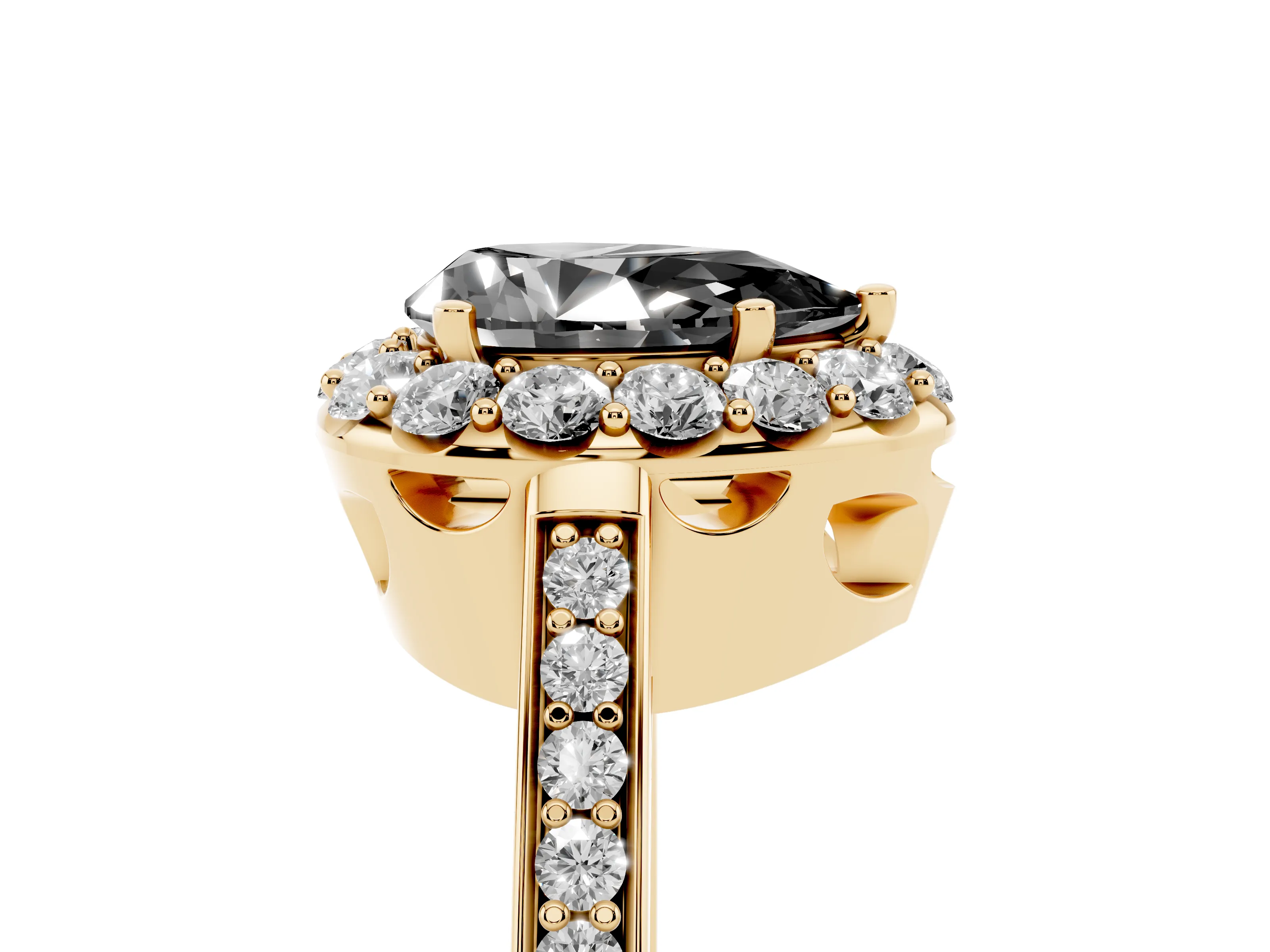 Fancy Black Pear Cut Diamond Floral Halo Ring Set in Yellow gold with Pavé Band and Prong Setting