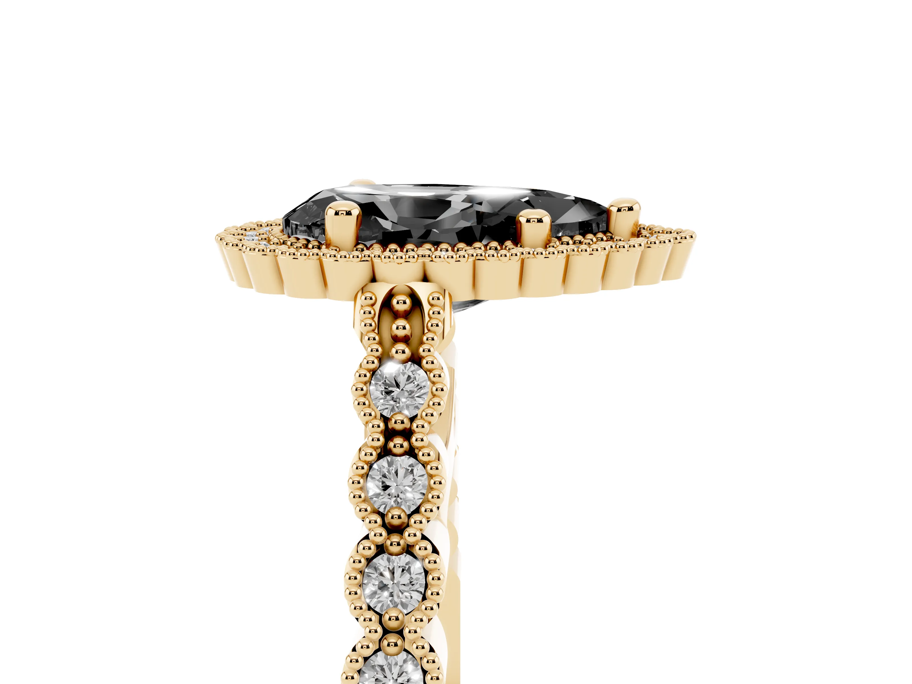 Fancy Black Pear Cut Diamond Halo Ring Set in Yellow gold with Pavé Milgrain Band