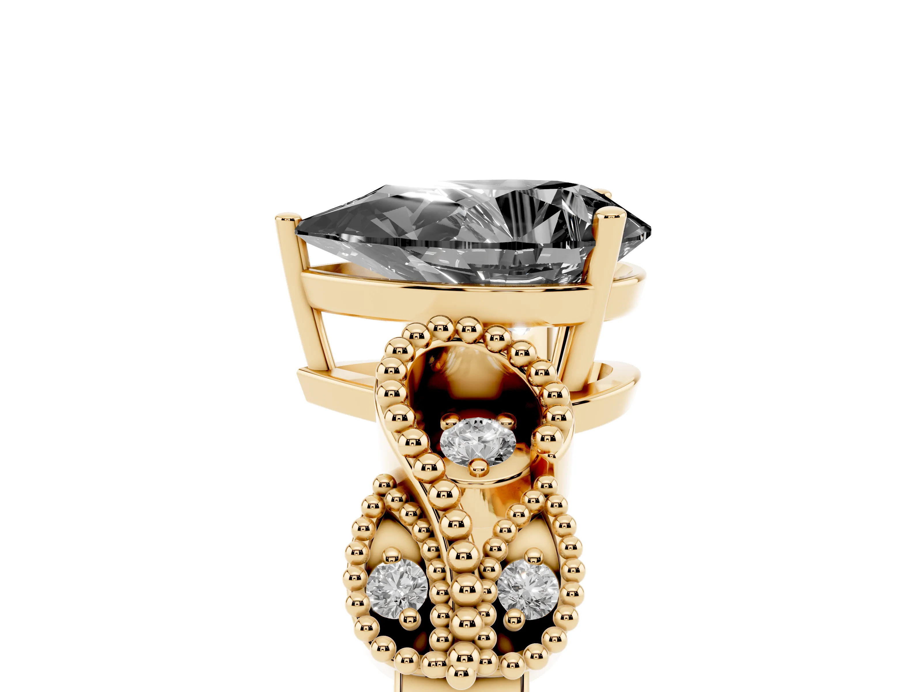 Fancy Black Pear Cut Diamond Milgrain Leaf Band Solitaire Ring Set in Yellow gold with Accent Stones and Prong Setting