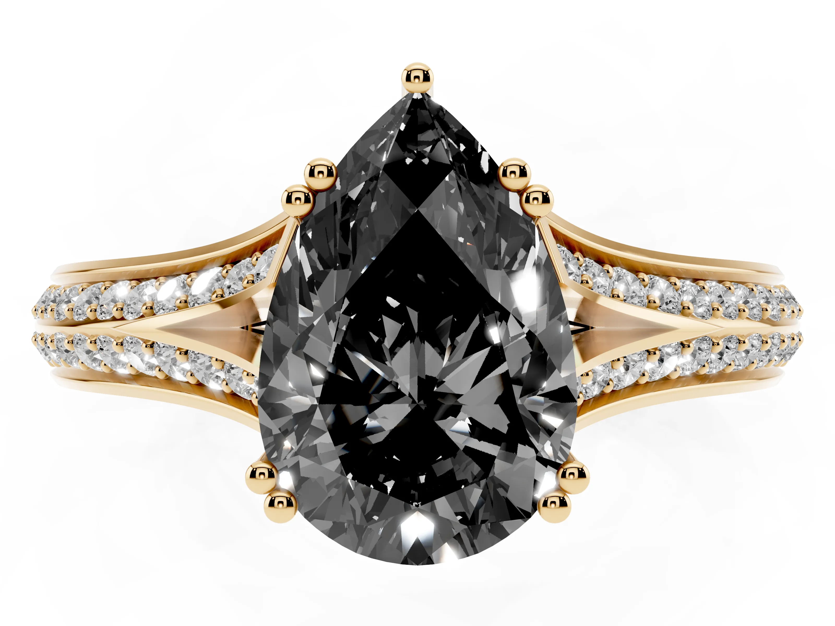 Fancy Black Pear Cut Diamond Split Shank Pavé Engagement Ring Set in Yellow gold with Prong-Set Center Stone
