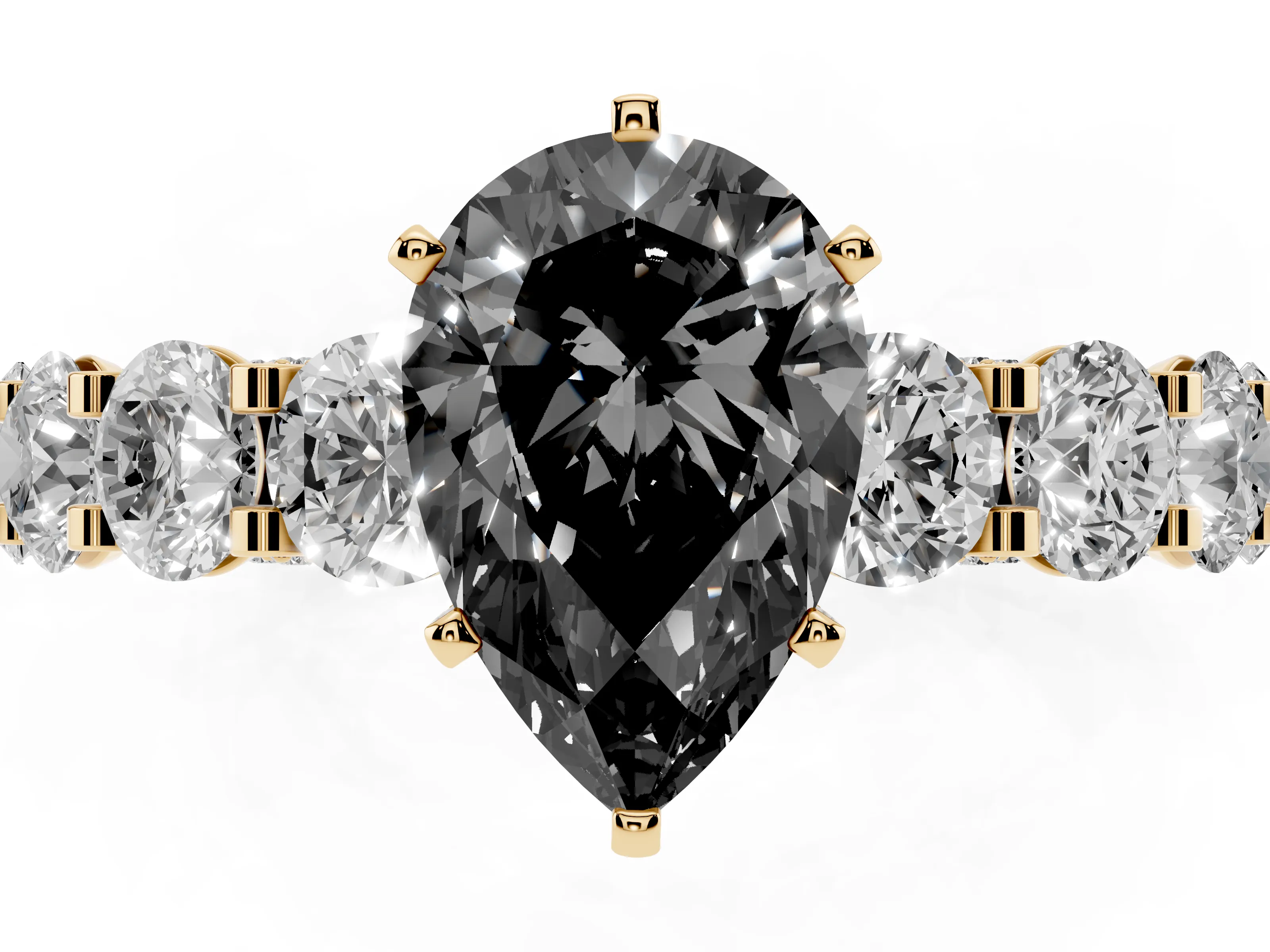 Fancy Black Pear Cut Diamond Side Stone Ring Set in Yellow gold with Alternating Round and Oval Side Stones
