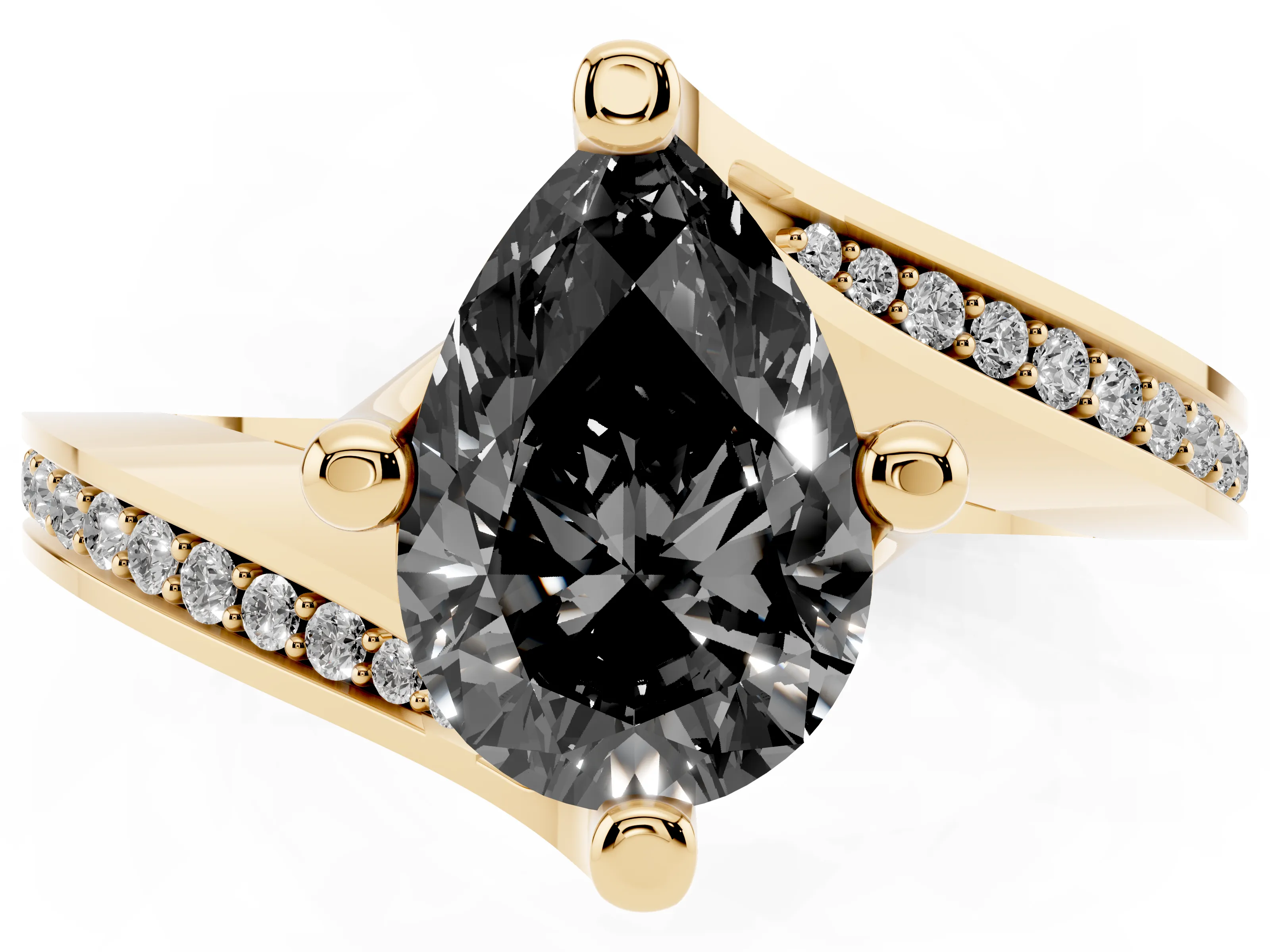 Fancy Black Pear Cut Diamond Solitaire Ring Set in Yellow gold with Intertwined Pavé Twist Band