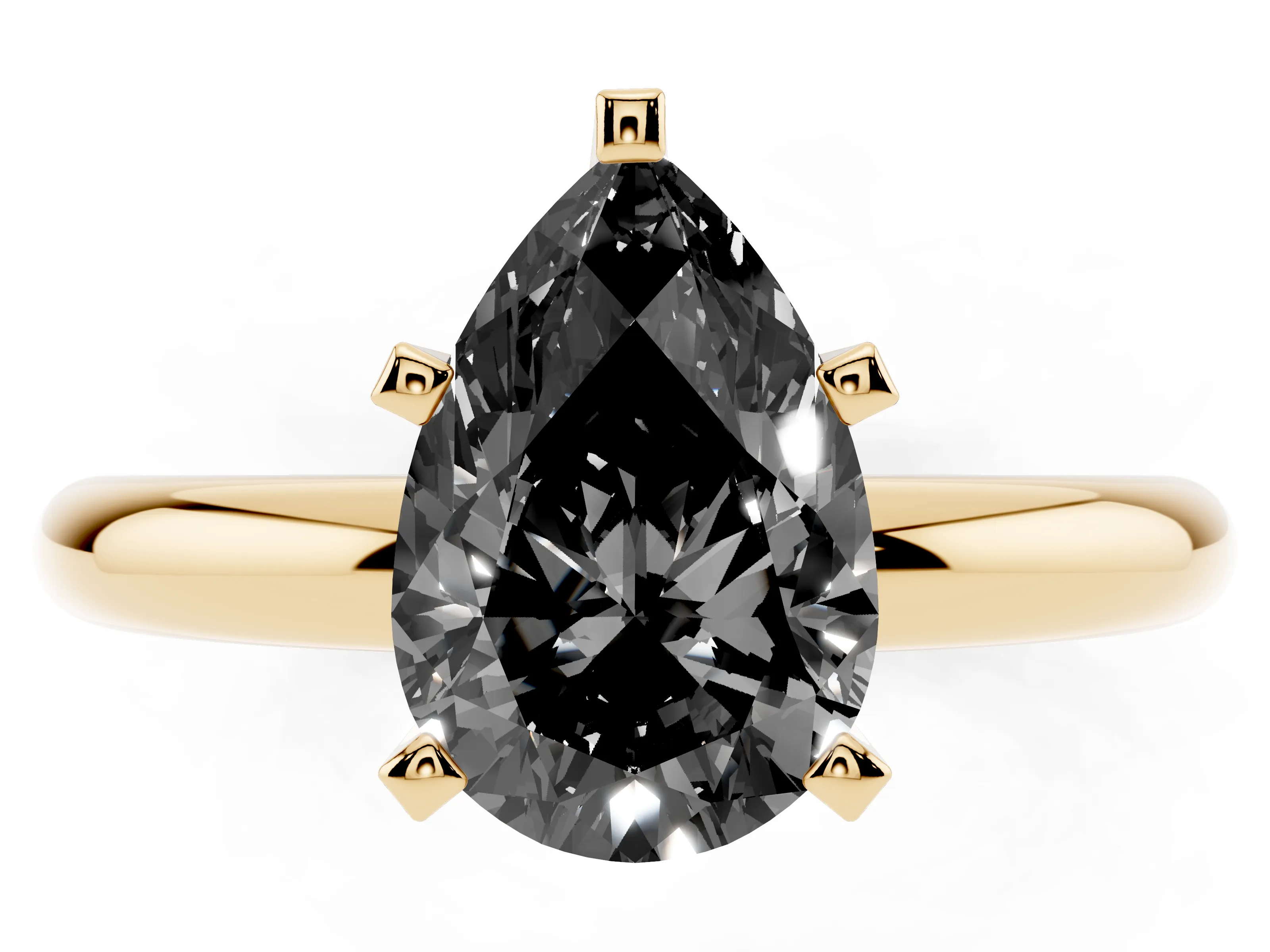 Fancy Black Pear Cut Diamond Solitaire Engagement Ring Set in Yellow gold with Round Band and Prong Setting