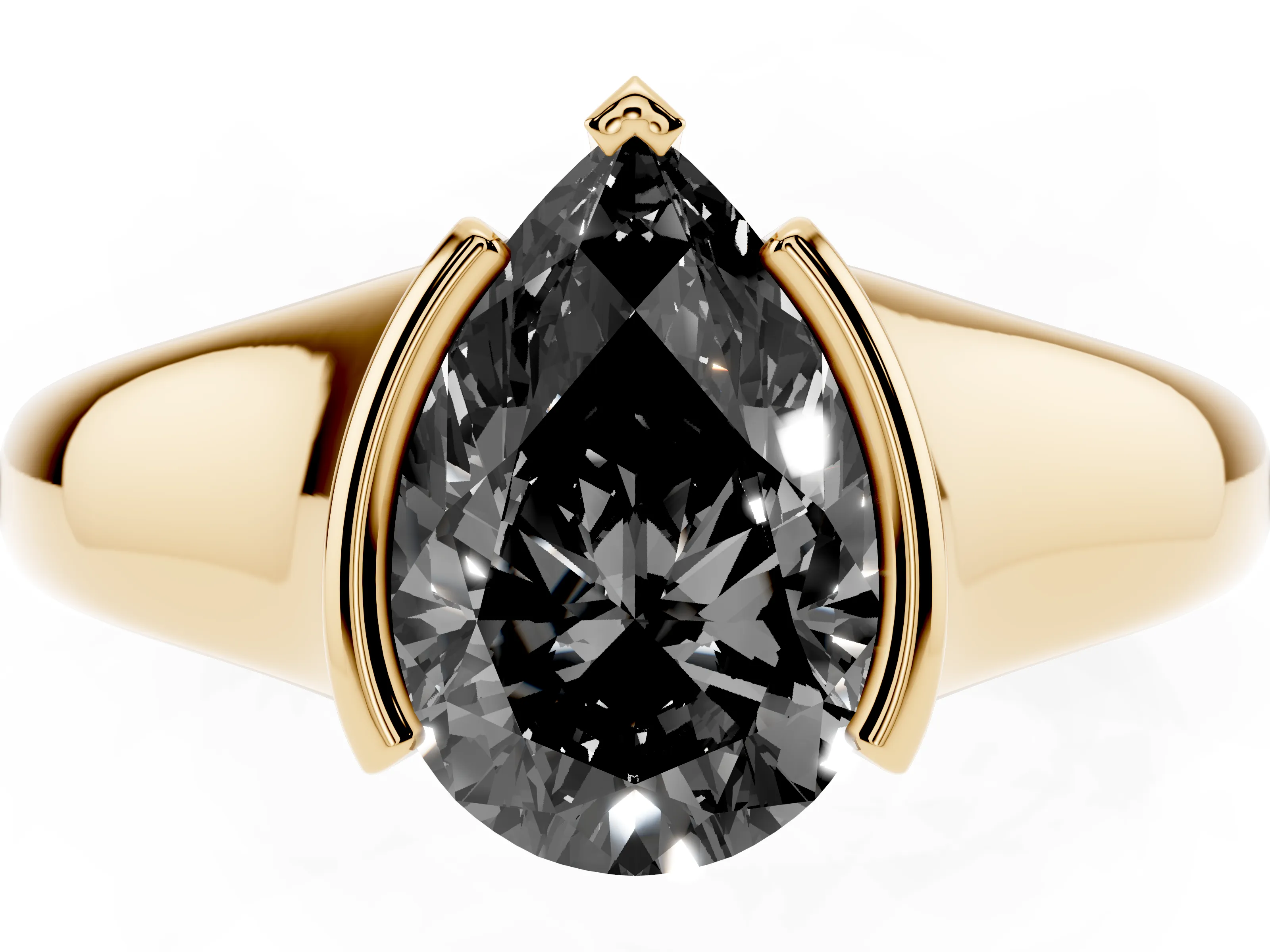 Fancy Black Pear Cut Diamond Solitaire Tension Set Ring Set in Yellow gold with Split Shank Band