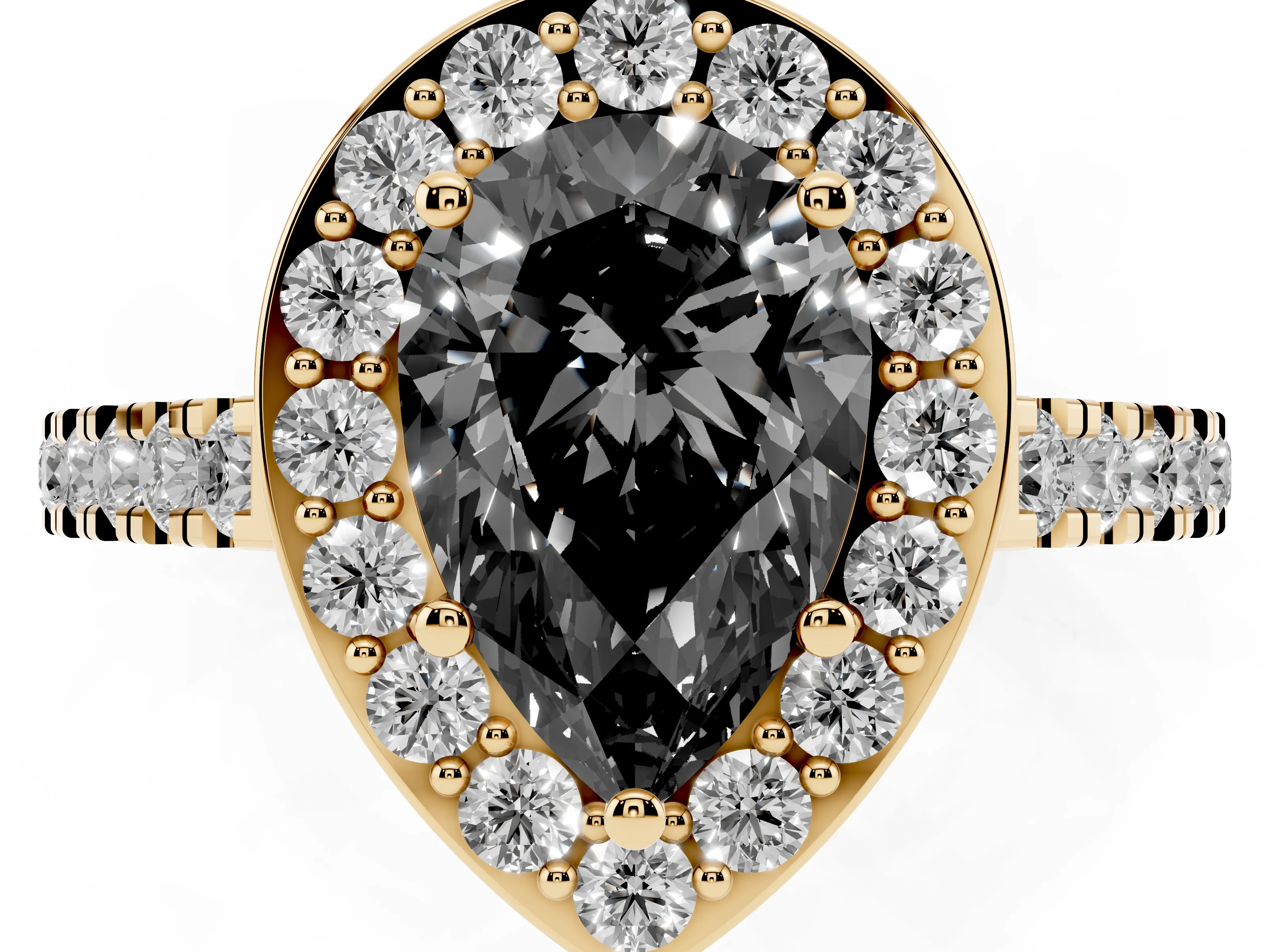 Fancy Black Pear Cut Diamond Halo Ring Set in Yellow gold with Round Pavé Split Shank and Prong Setting