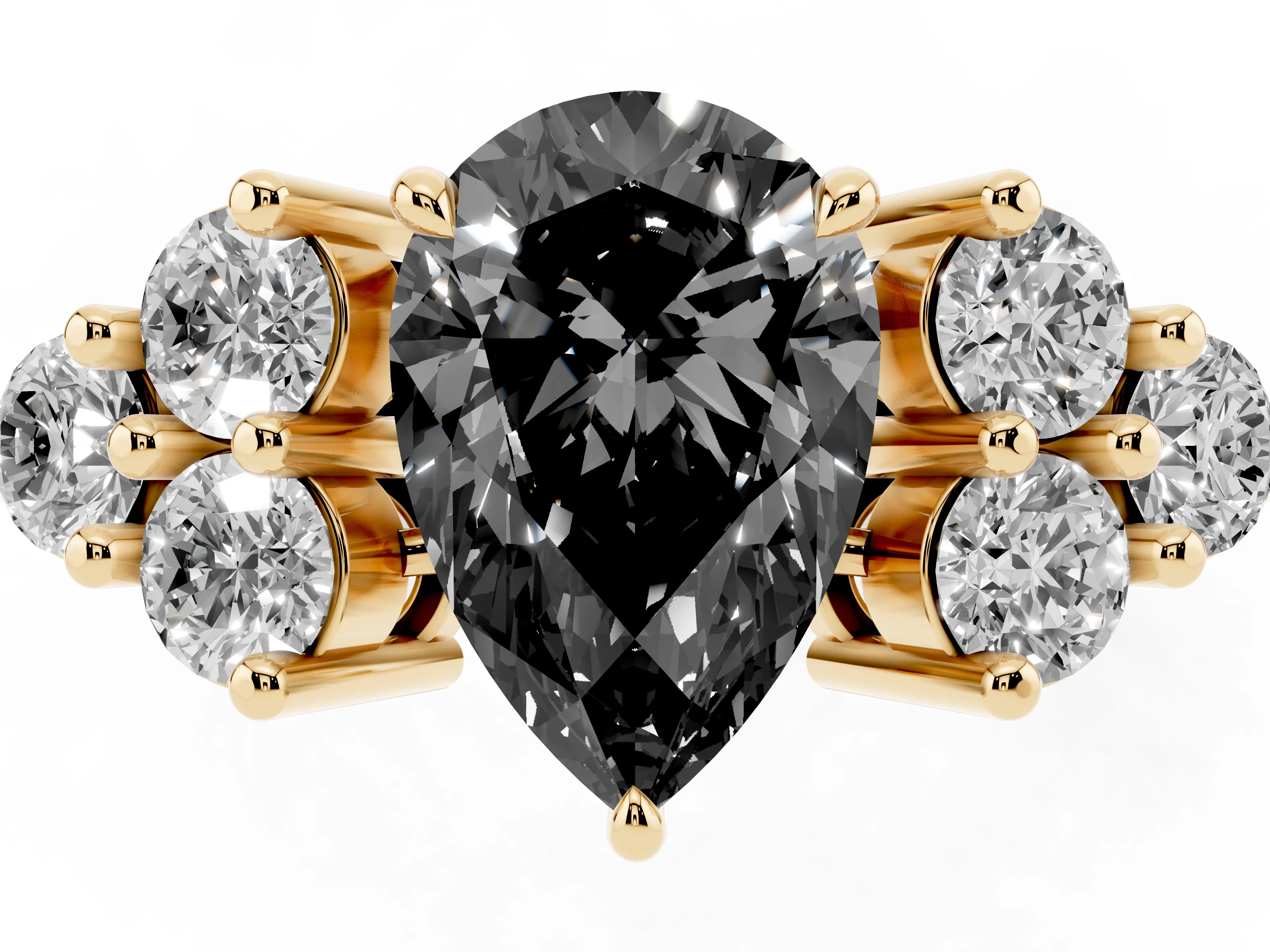 Fancy Black Pear Cut Diamond Solitaire Ring Set in Yellow gold with Cluster Accents on Each Side