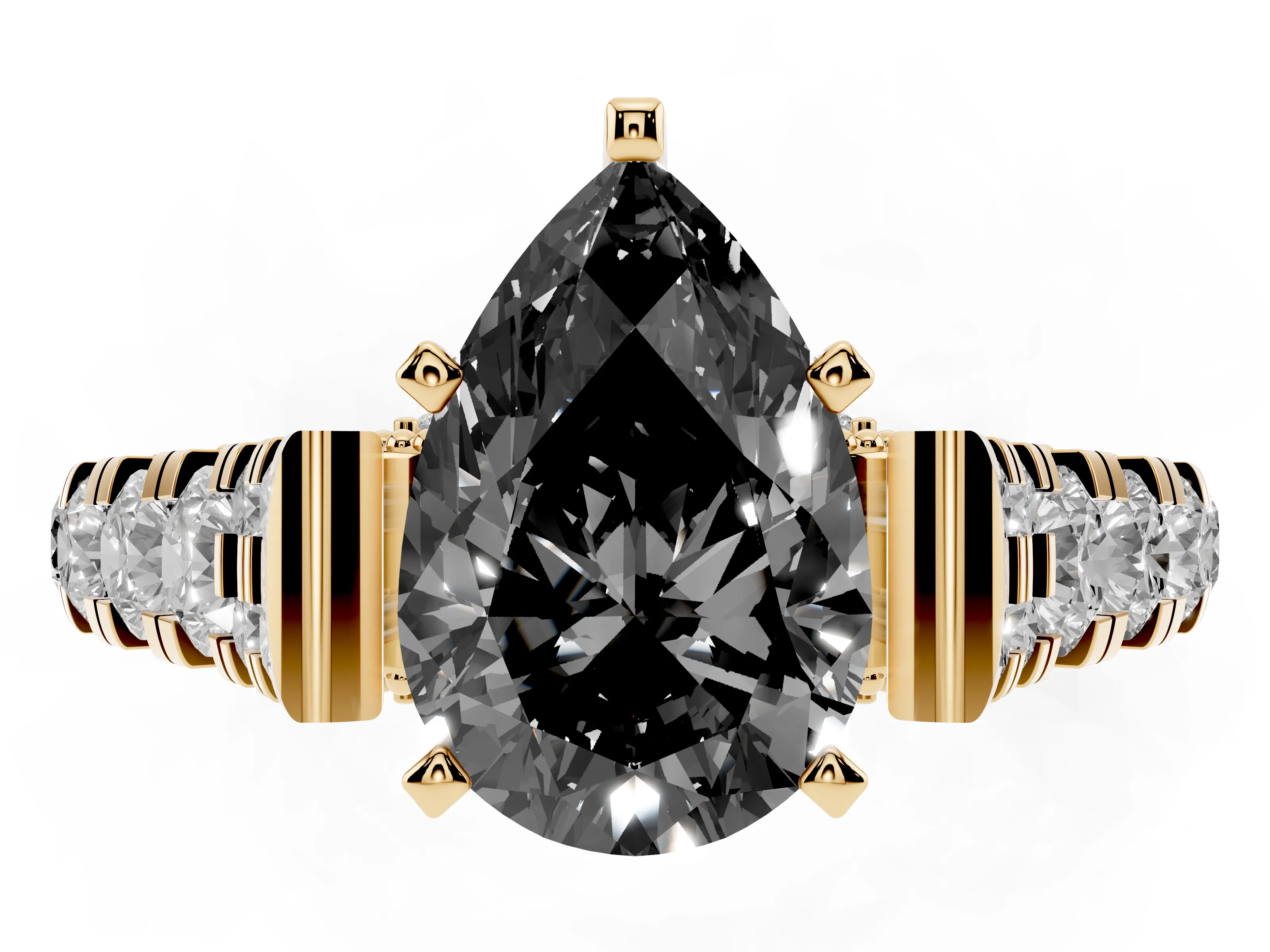 Fancy Black Pear Cut Diamond Classic Solitaire Ring Set in Yellow gold with Pavé Band and Prong Setting