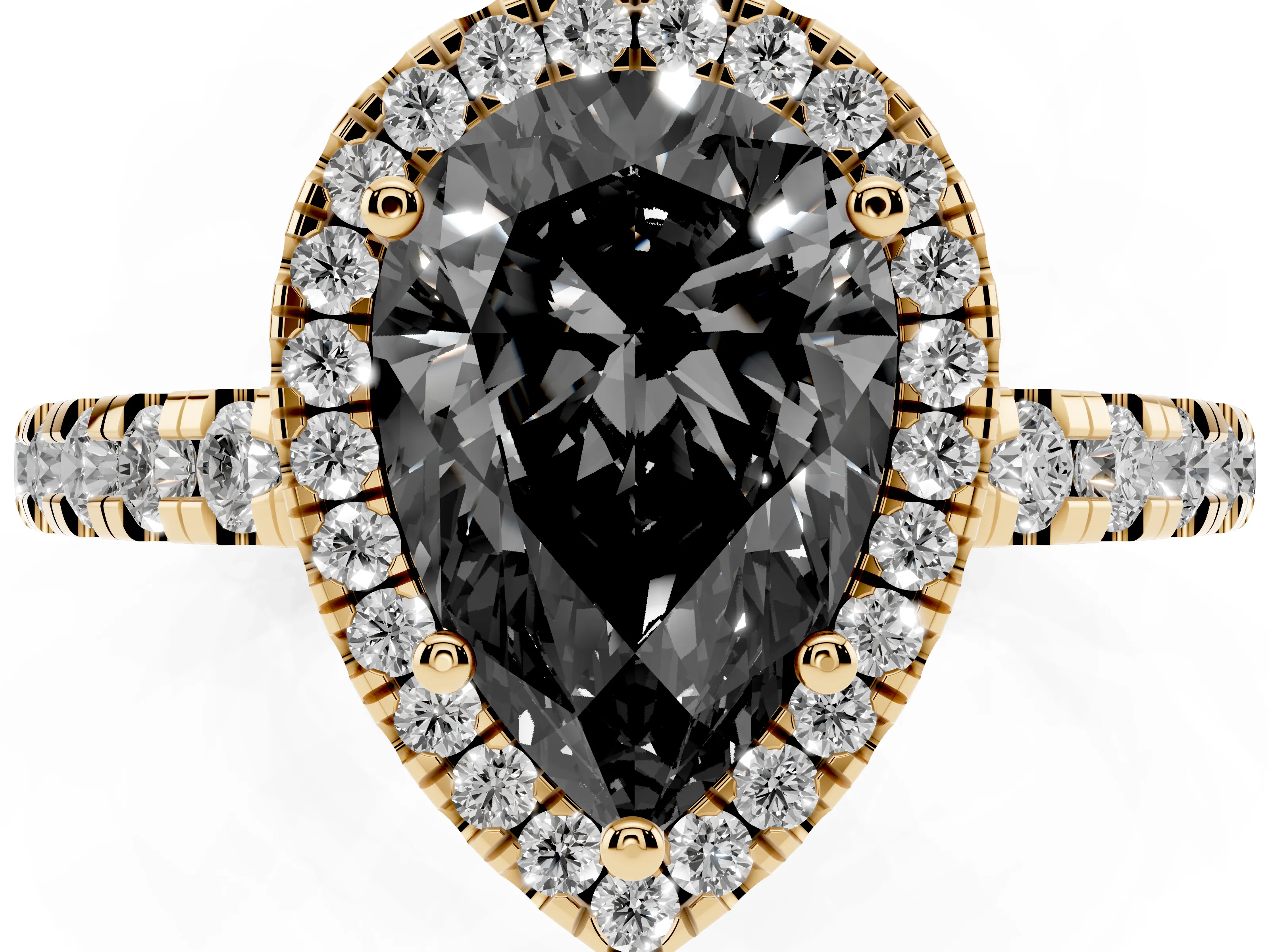 Fancy Black Pear Cut Diamond Halo Ring Set in Yellow gold with Delicate Pavé Band and Prong Setting