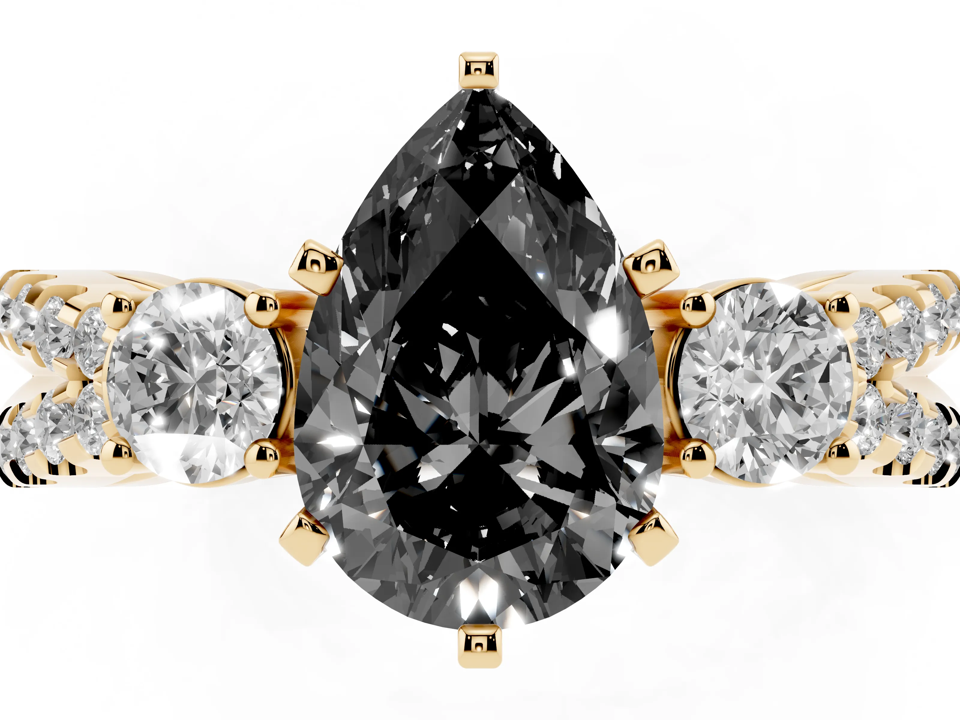Fancy Black Pear Cut Diamond Three-Stone Ring Set in Yellow gold with Pavé Split Shank and Prong Setting
