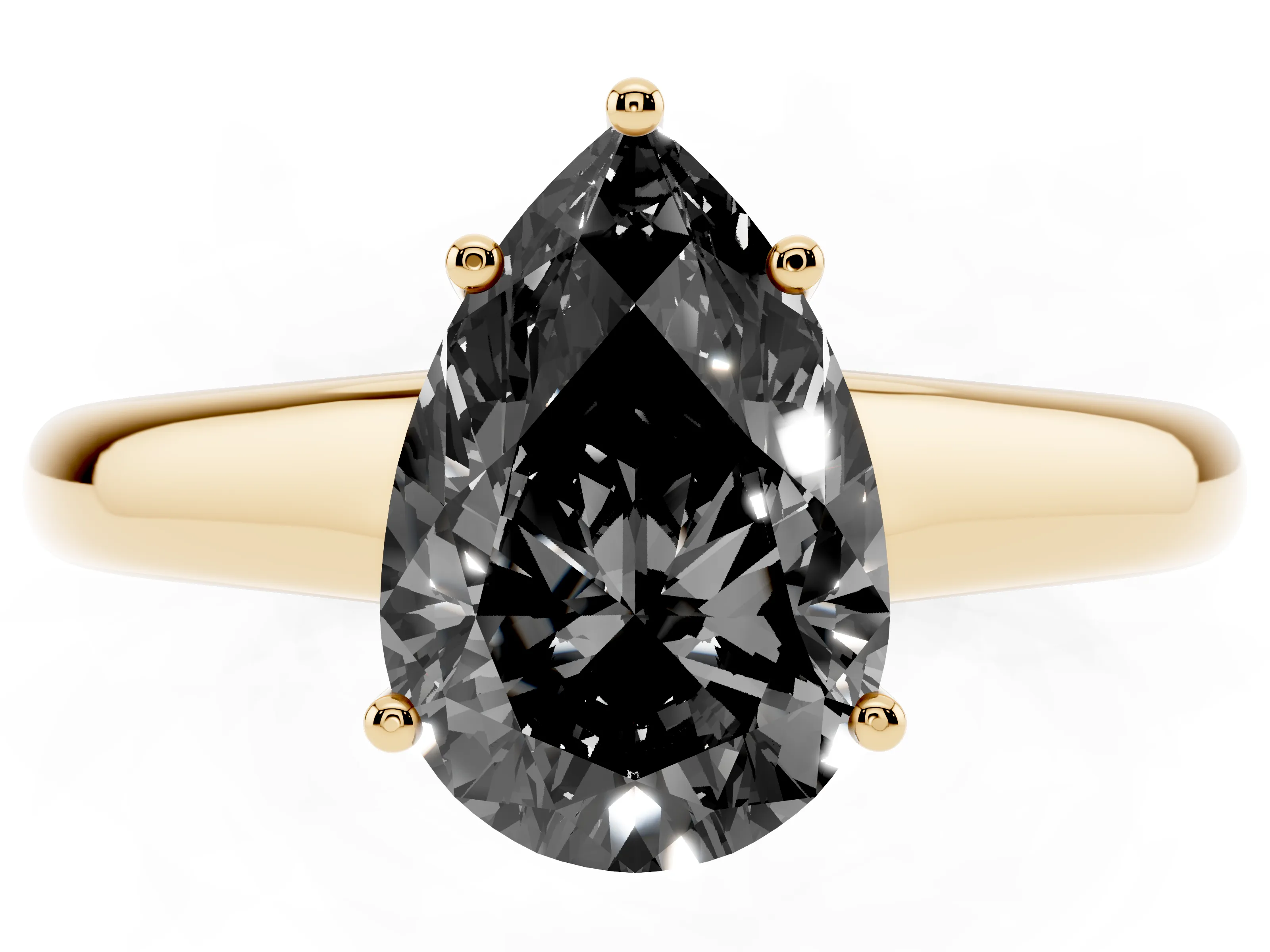 Fancy Black Pear Cut Diamond Solitaire Engagement Ring Set in Yellow gold with Subtly Tapered Band and Prong Setting