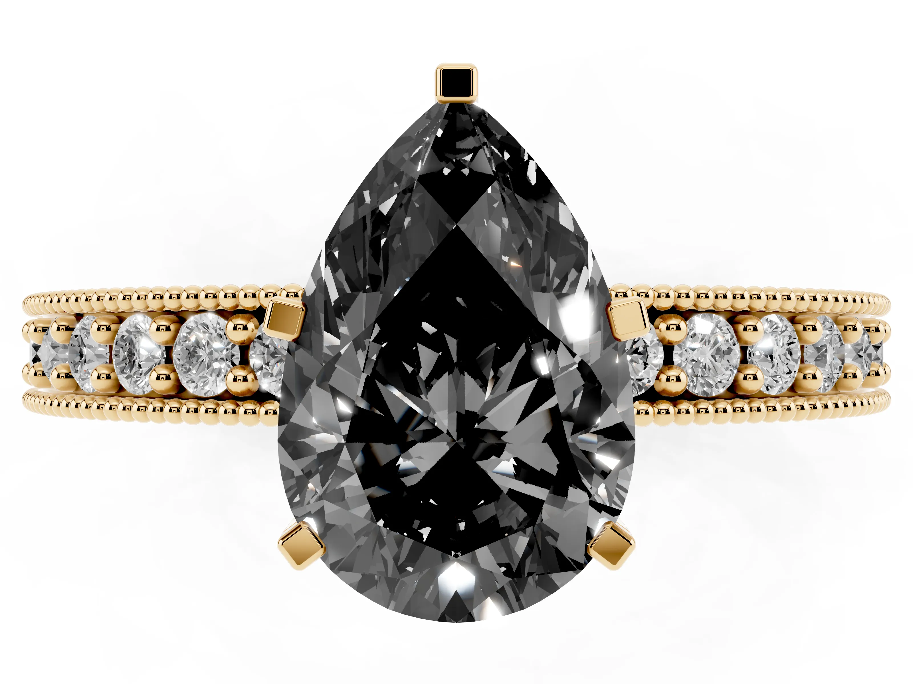 Fancy Black Pear Cut Diamond Milgrain Pavé Engagement Ring Set in Yellow gold with Prong Setting