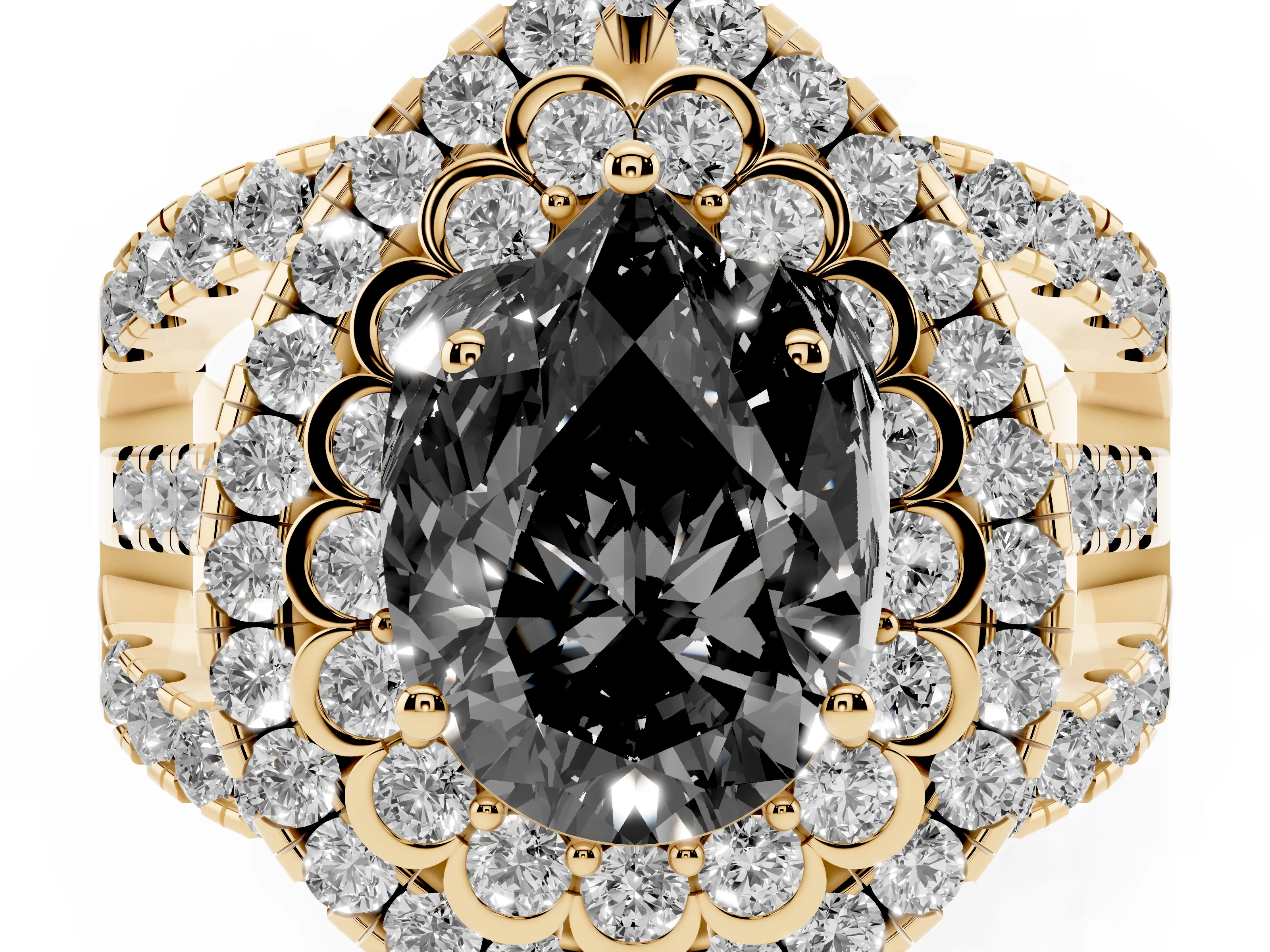 Fancy Black Pear Cut Diamond Double Halo Ring Set in Yellow gold with Round Pavé Split Shank