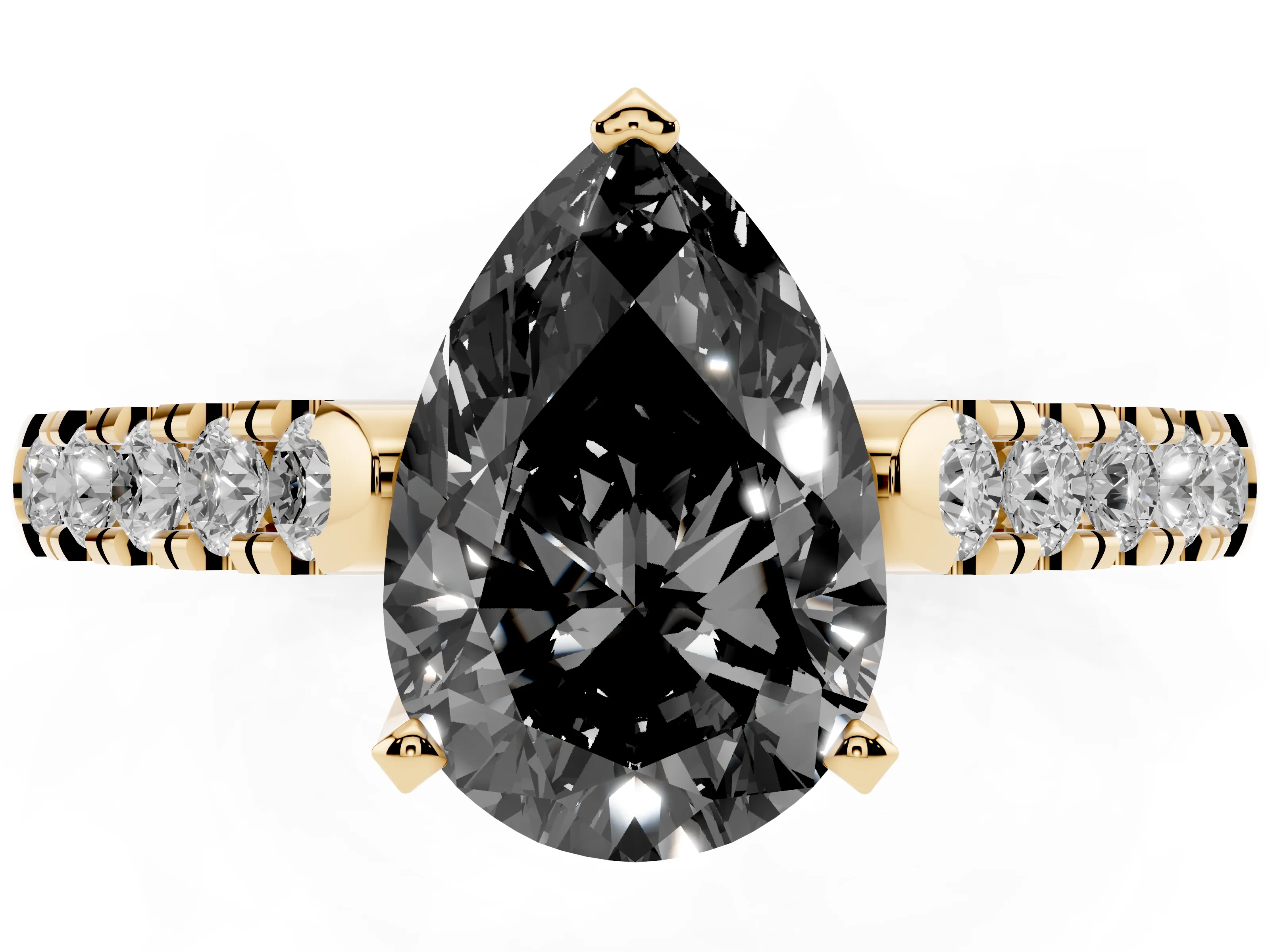 Fancy Black Pear Cut Diamond Pavé Band Solitaire Ring Set in Yellow gold with Partway Accent Stones and Prong Setting