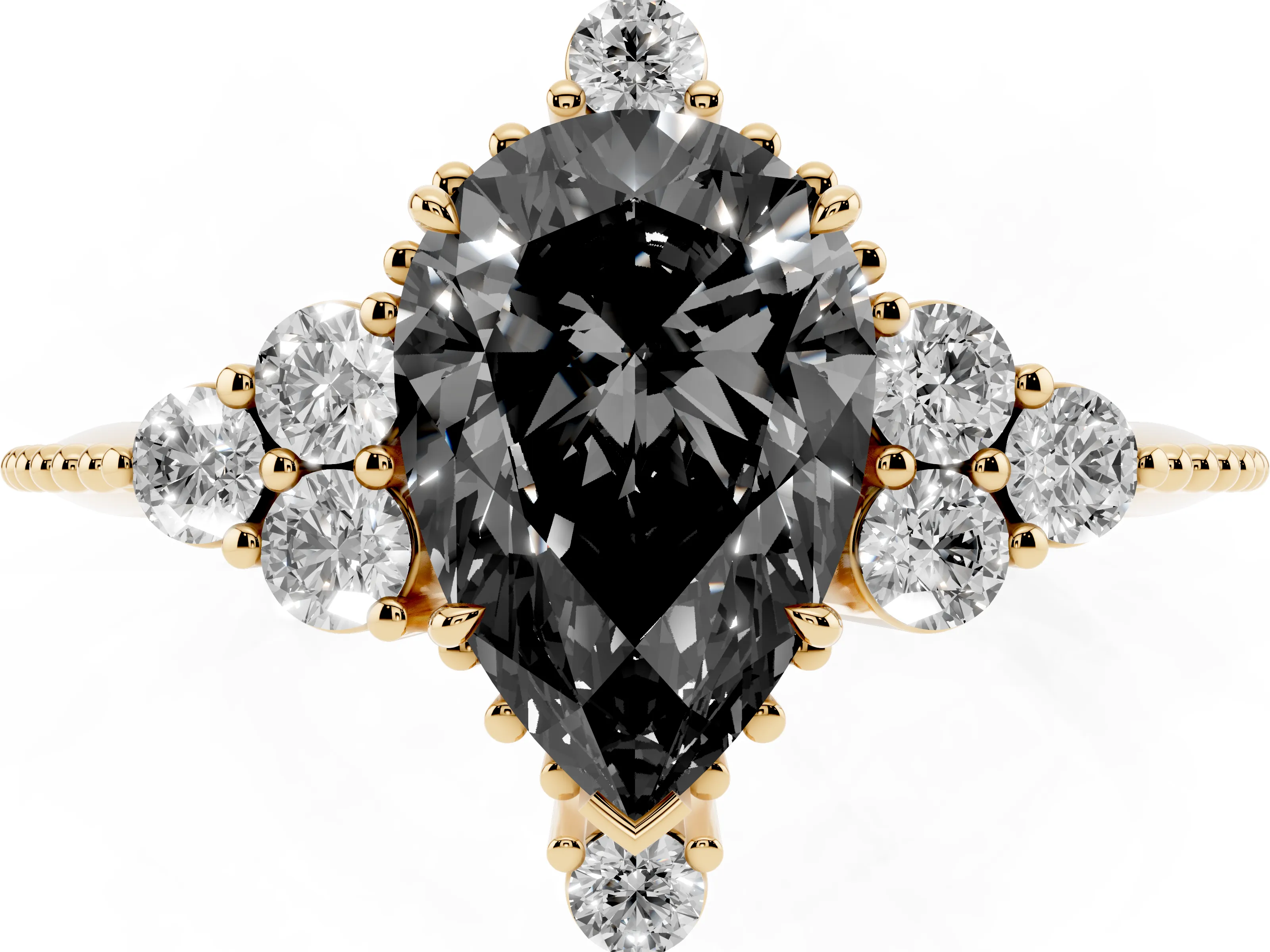 Fancy Black Pear Cut Diamond Cluster Ring Set in Yellow gold with Beaded Band